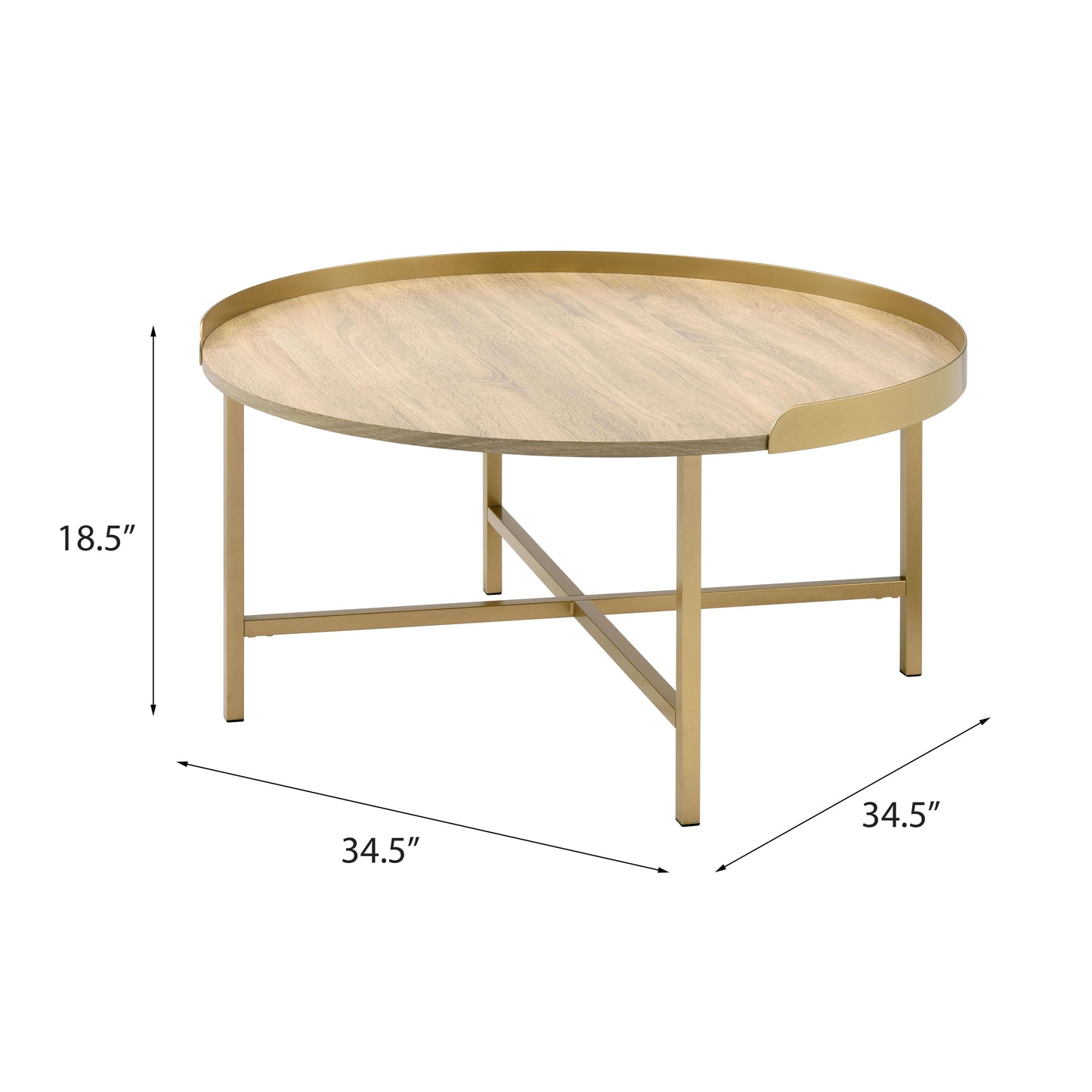 Round wood coffee table with gold metal legs and rim