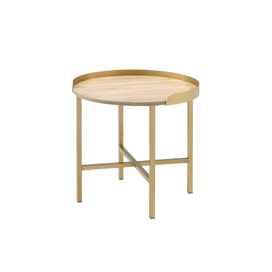 Round side table with natural wood veneer top and gold metal frame