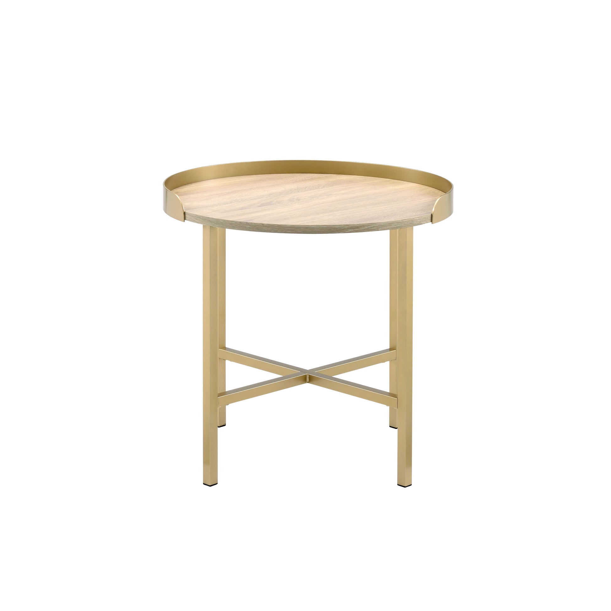 Round wood grain accent table with gold metal frame and Xleg support