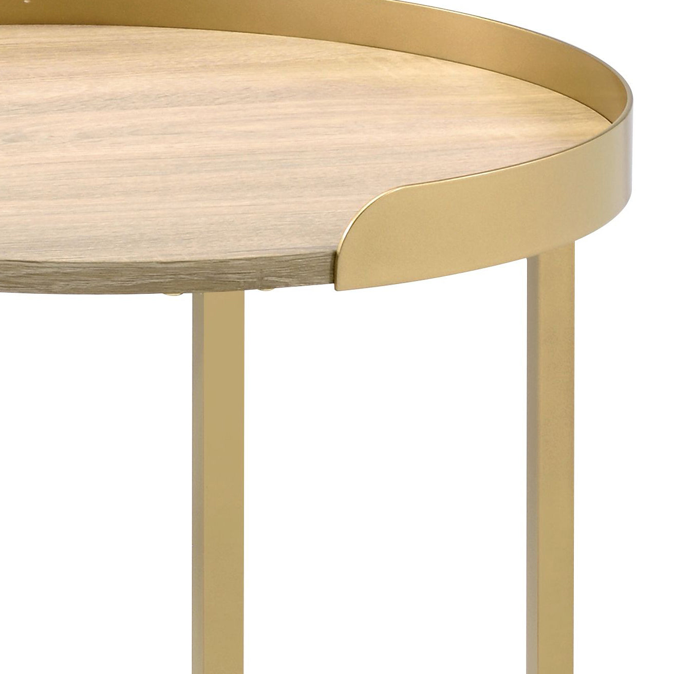 Round wooden accent table with brushed gold metal frame and legs