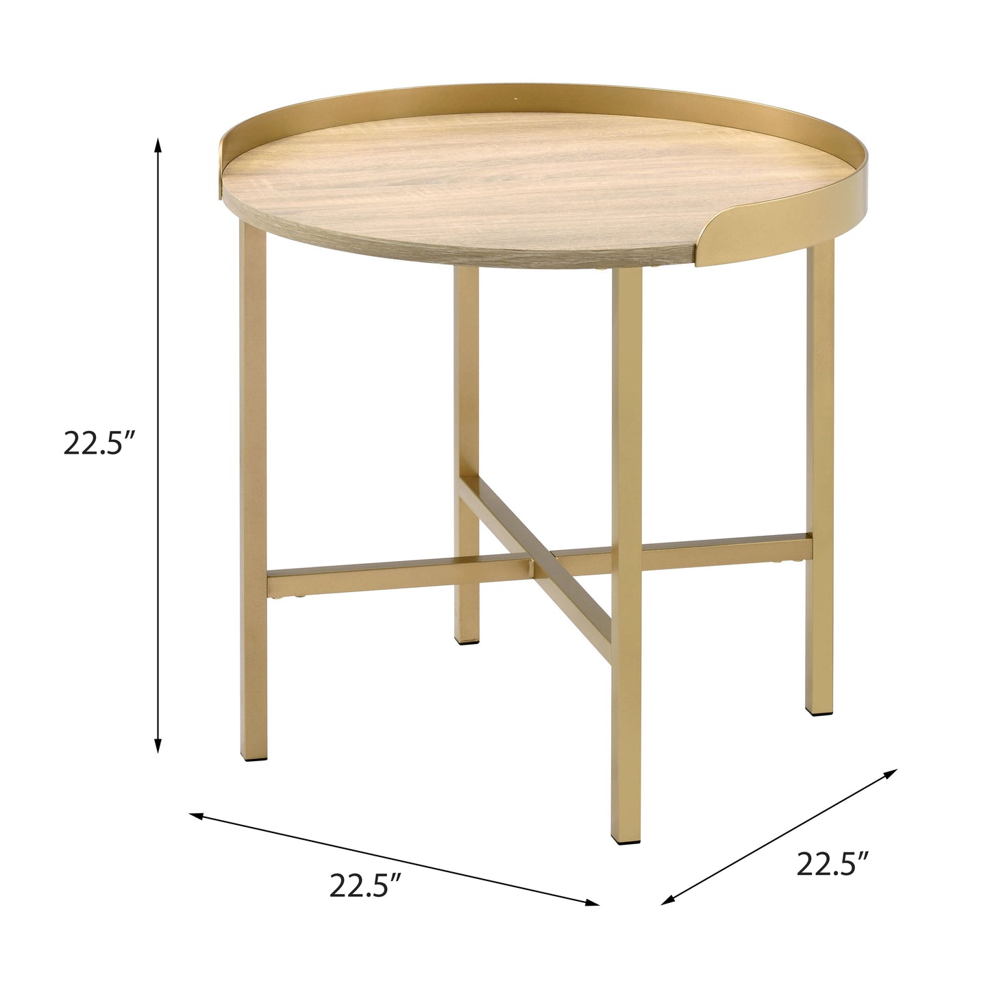 Round wood accent table with gold metal base and rim  inches