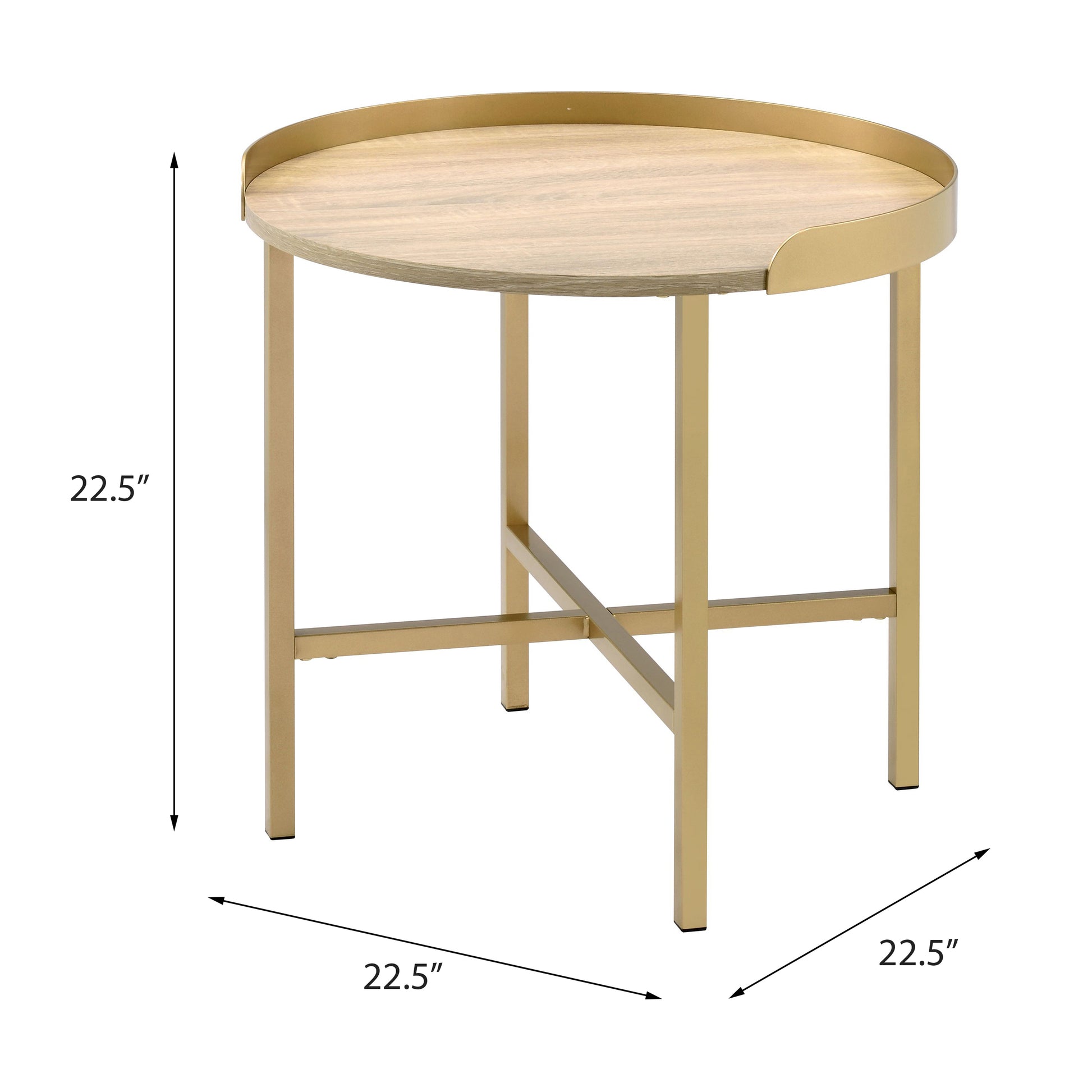 Round wood accent table with gold metal base and rim  inches