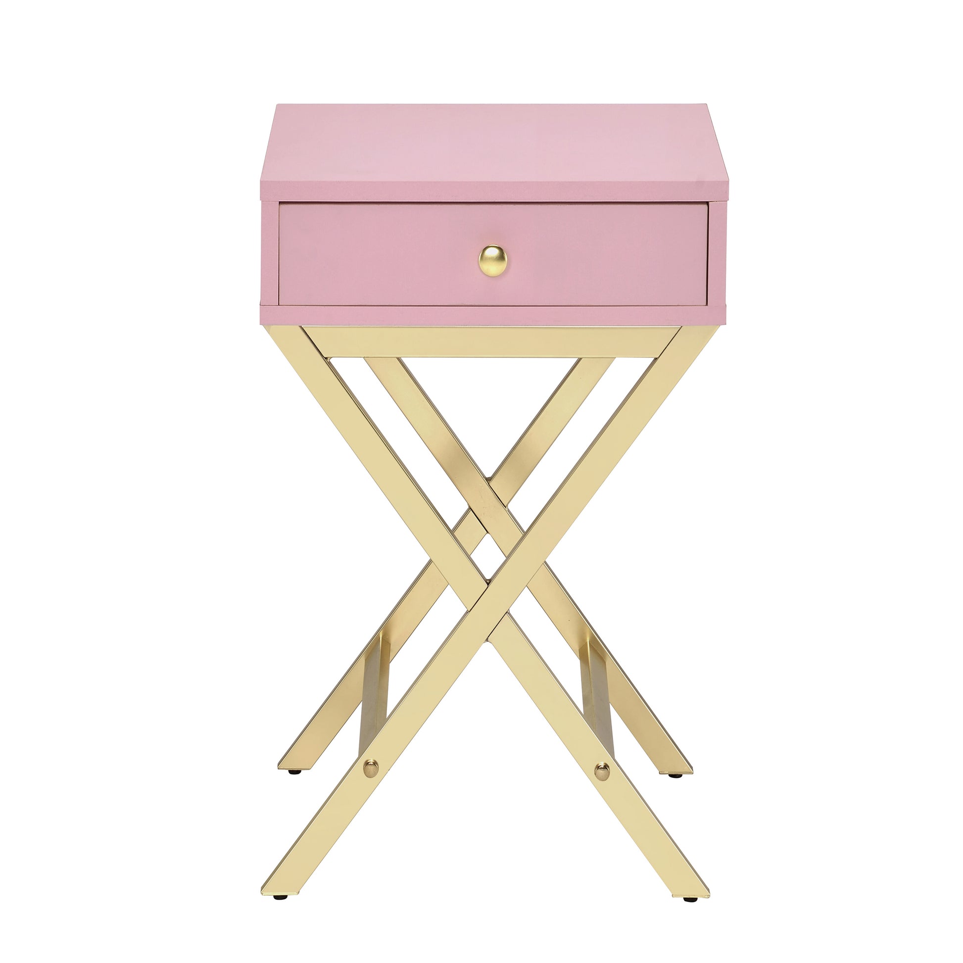 Pink end table with single gold drawer pull and gold crisscross base