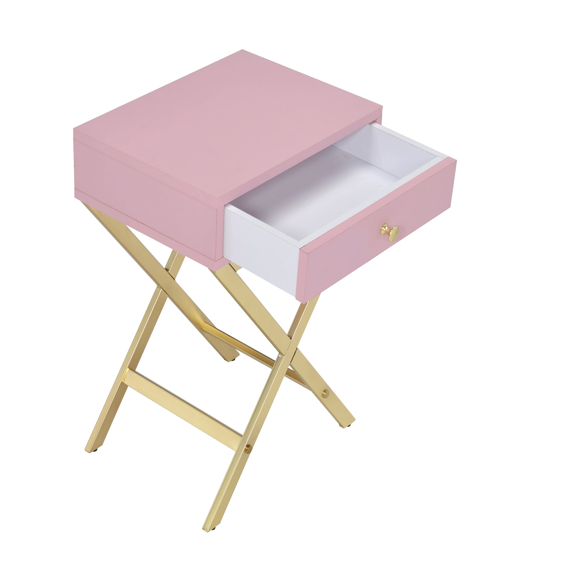 Elegant pink side table with an open drawer featuring a sleek gold Xleg base