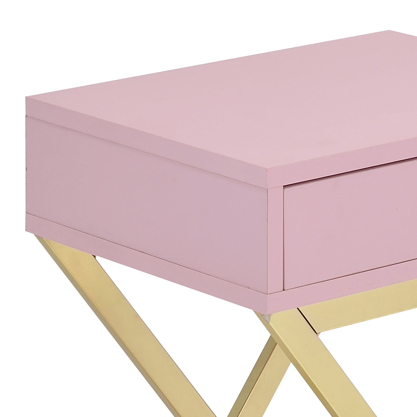Closeup of pink desk with gold metal Xleg minimalist design