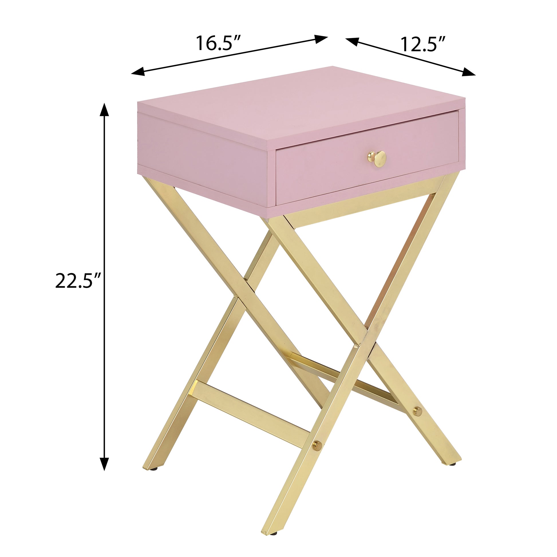 Pink bedside table with a gold Xframe base and one drawer