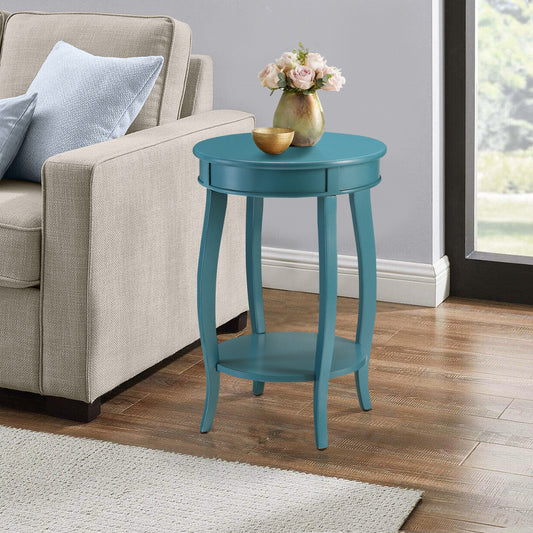 Teal round end table with drawer and shelf perfect for living room accent