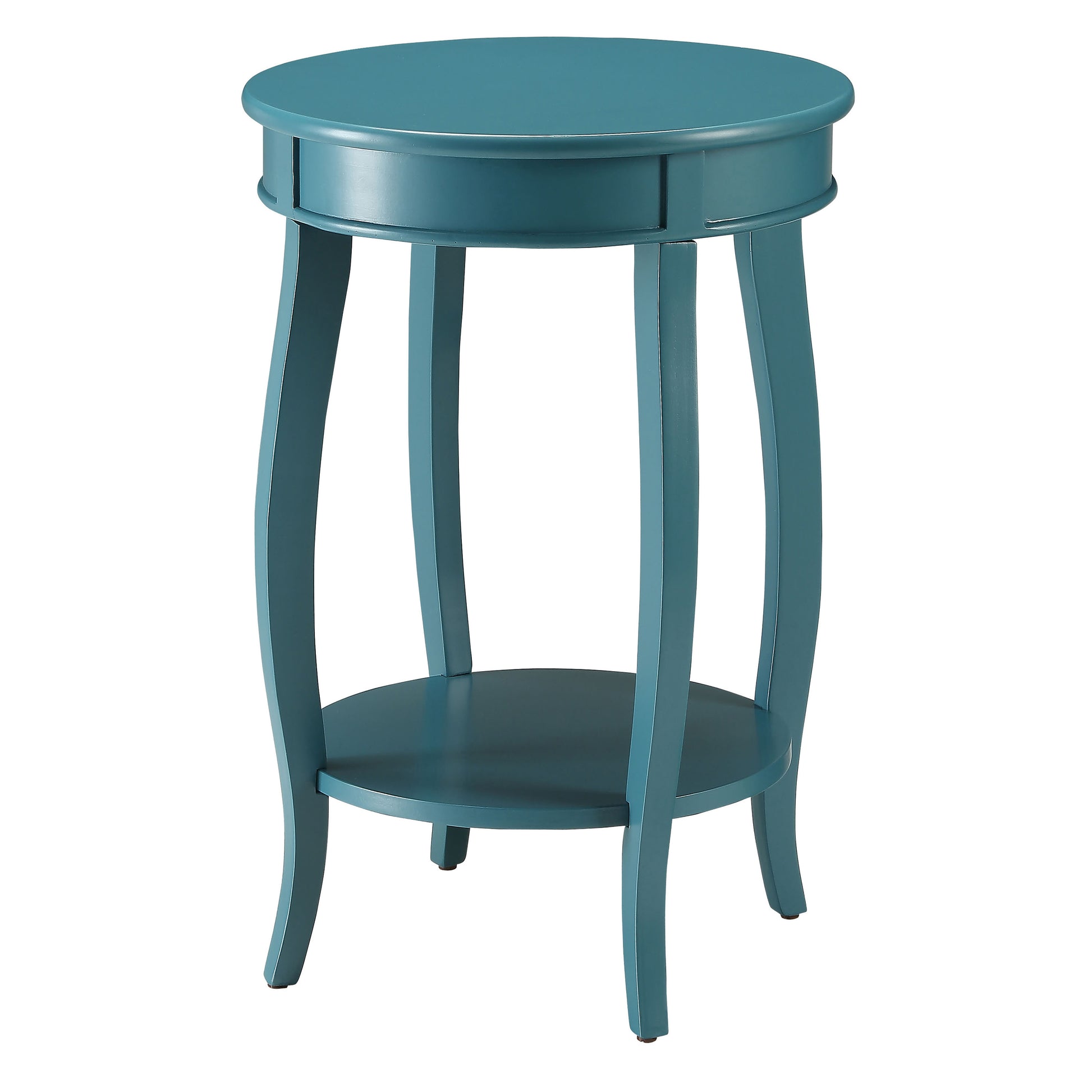 Teal round end table with carved drawer and shelf ideal for small spaces