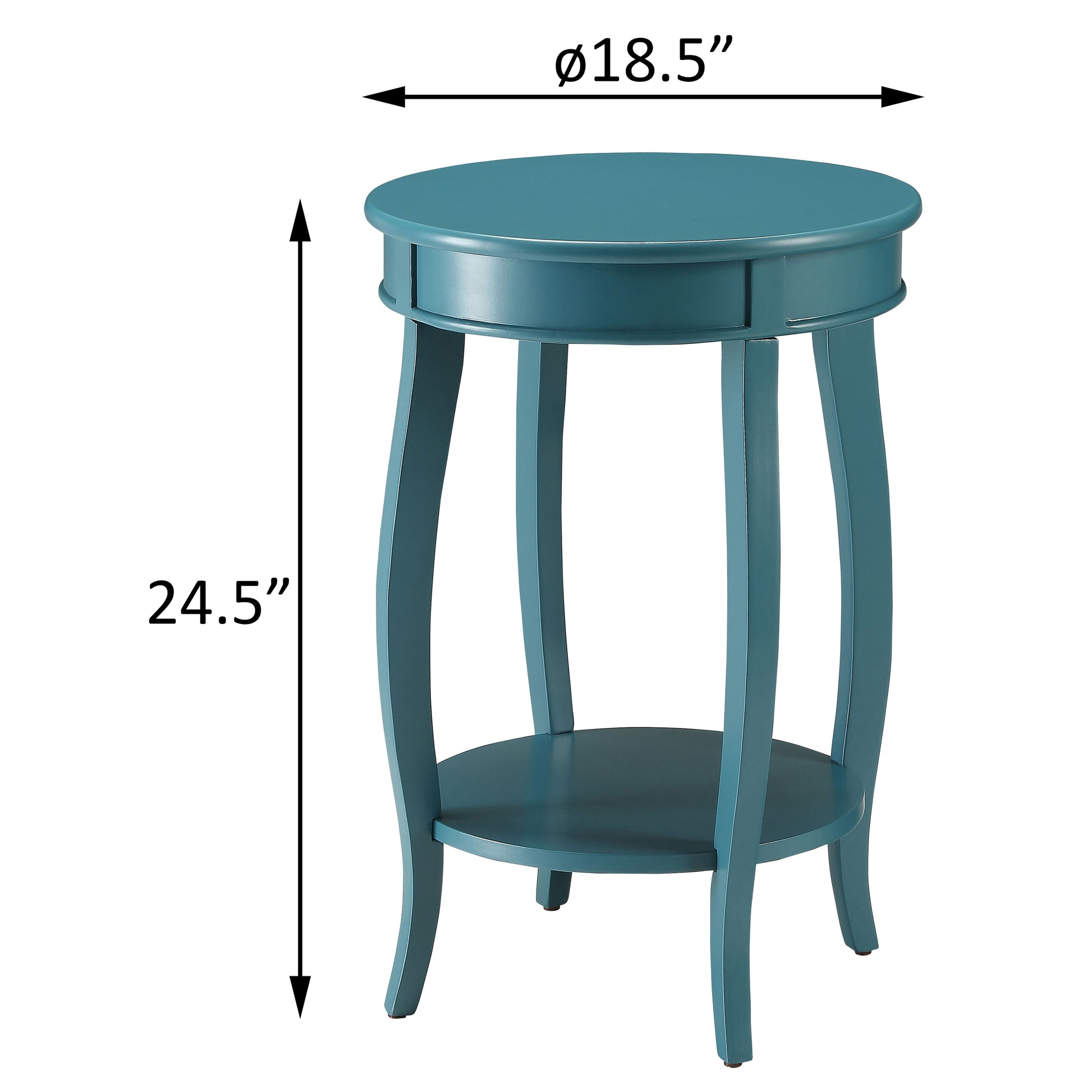 Teal wooden accent table with two shelves and ornate legs  inches tall