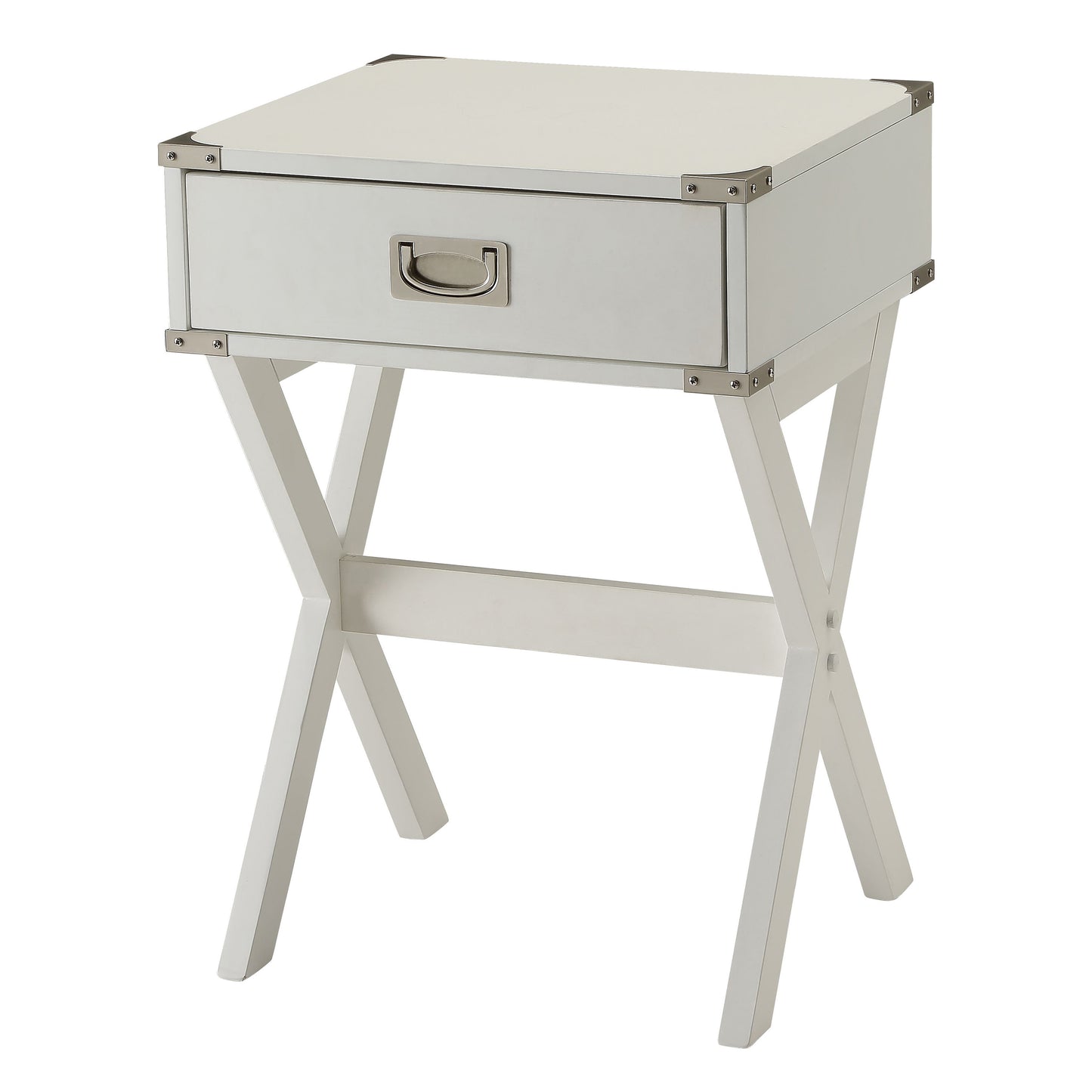 White campaign style nightstand with silver hardware and Xframe legs