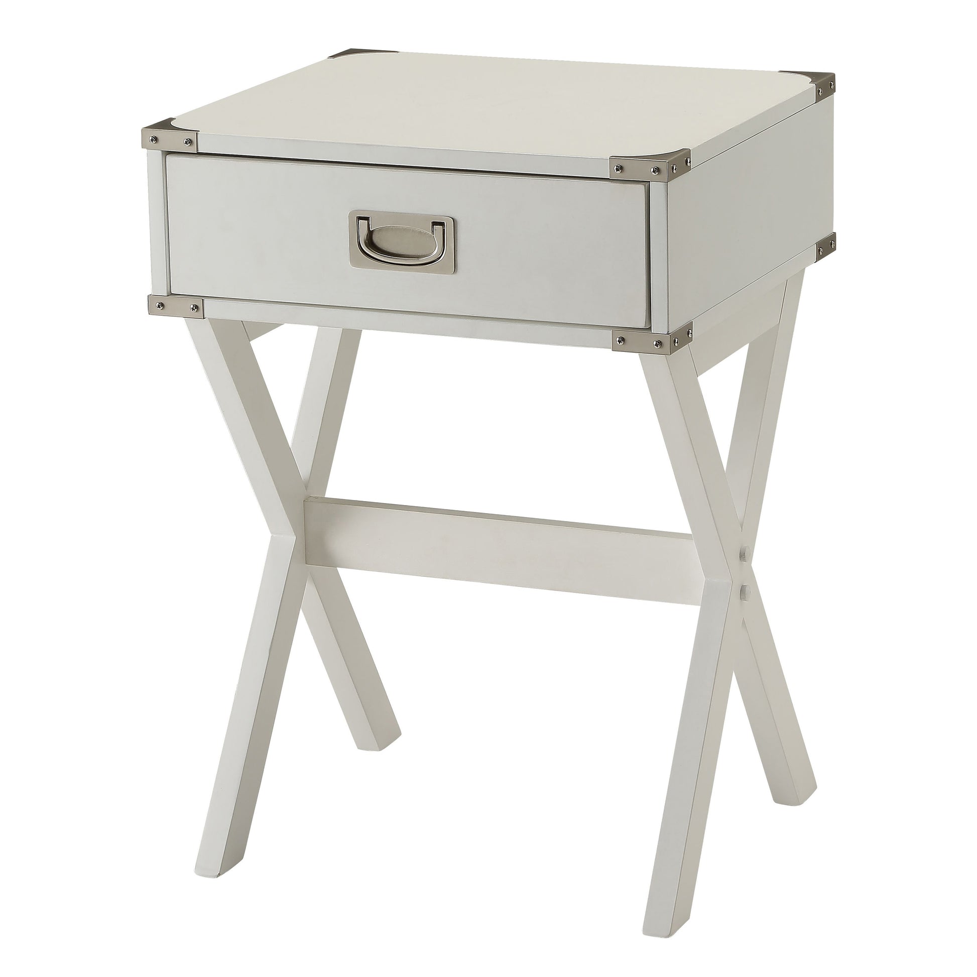 White campaign style nightstand with silver hardware and Xframe legs
