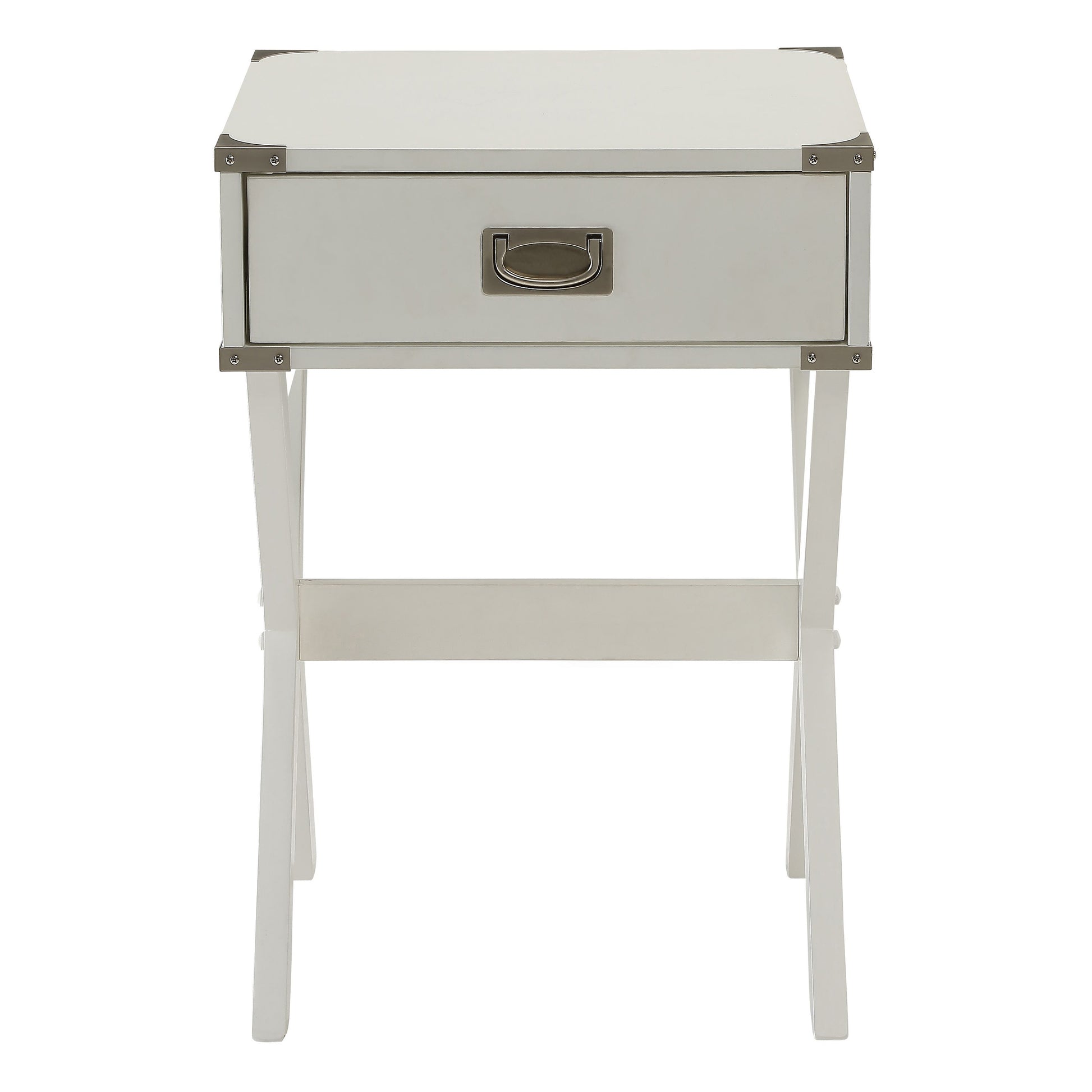 White campaign style end table with single drawer and silver hardware