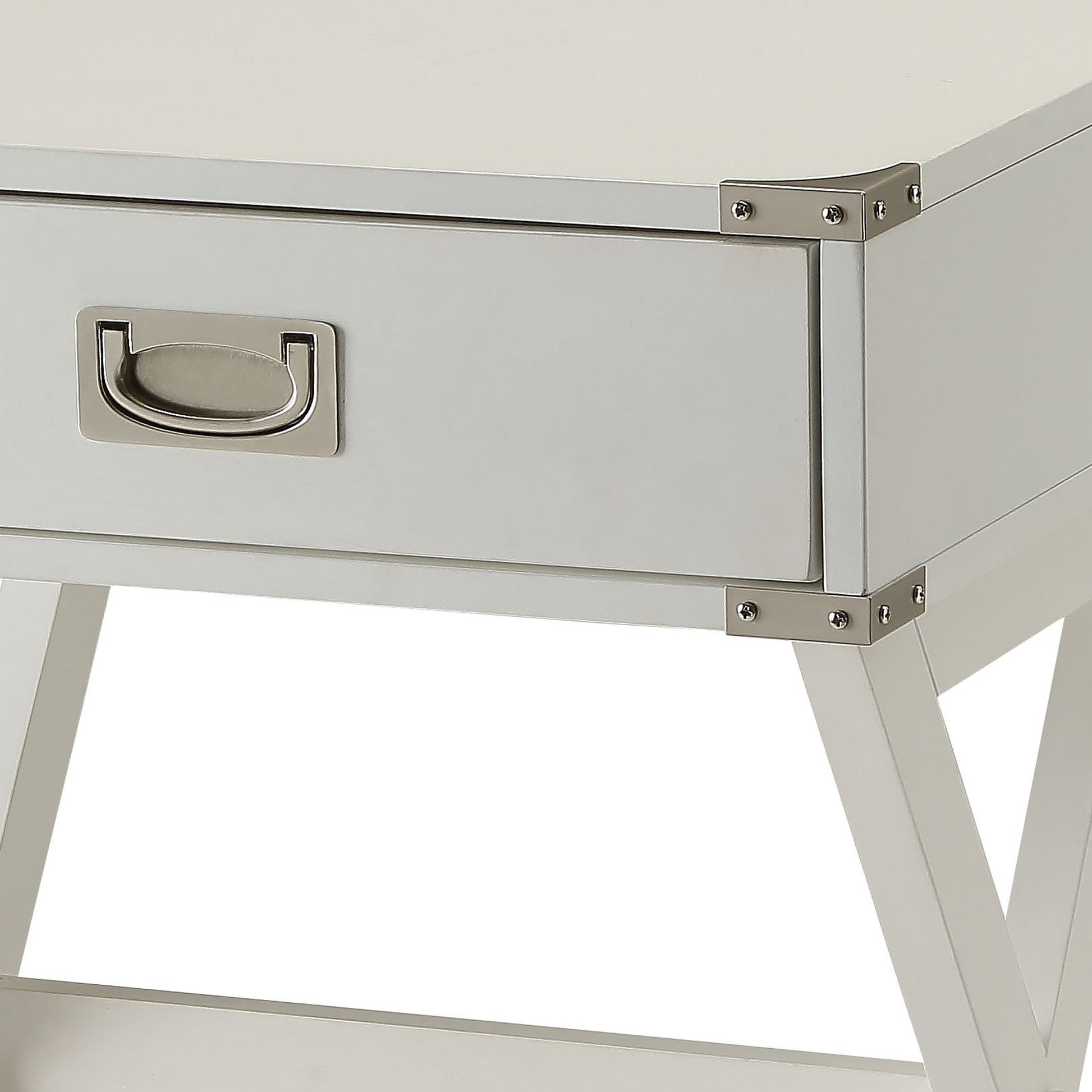 White campaign desk with silver hardware and corner accents