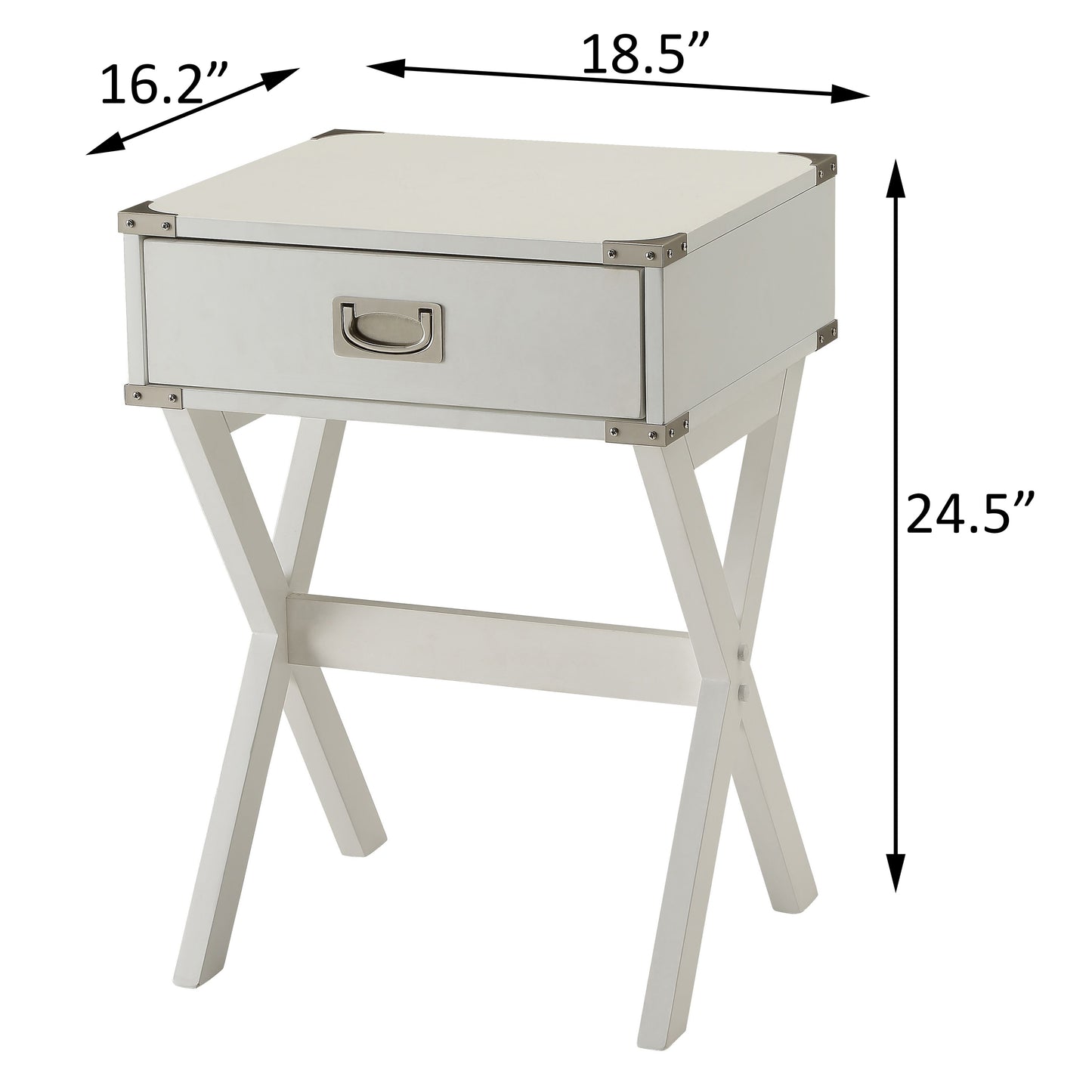 White campaign end table with silver hardware and Xbase legs perfect for modern bedrooms