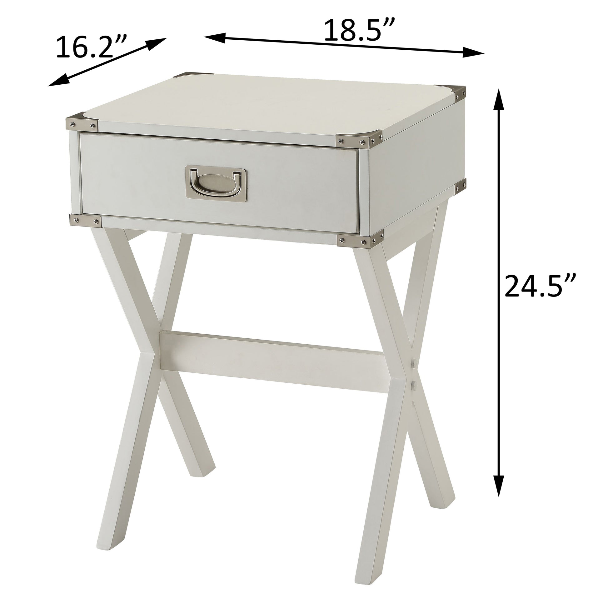 White campaign end table with silver hardware and Xbase legs perfect for modern bedrooms