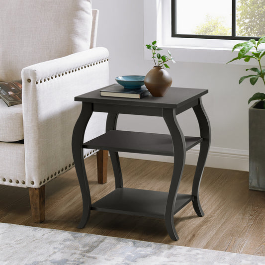 Dark gray modern end table with two shelves and curved legs