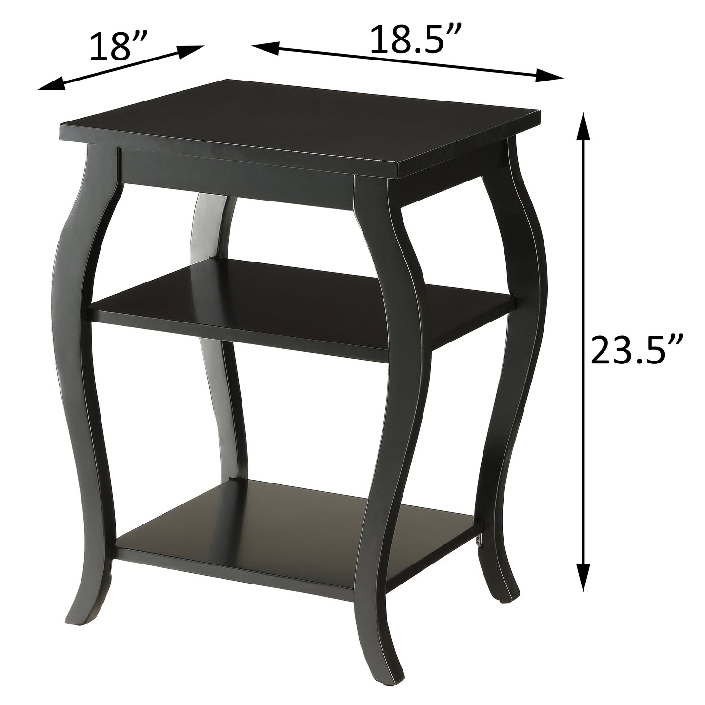 Black accent table with curved legs and two shelves  x  x  inches