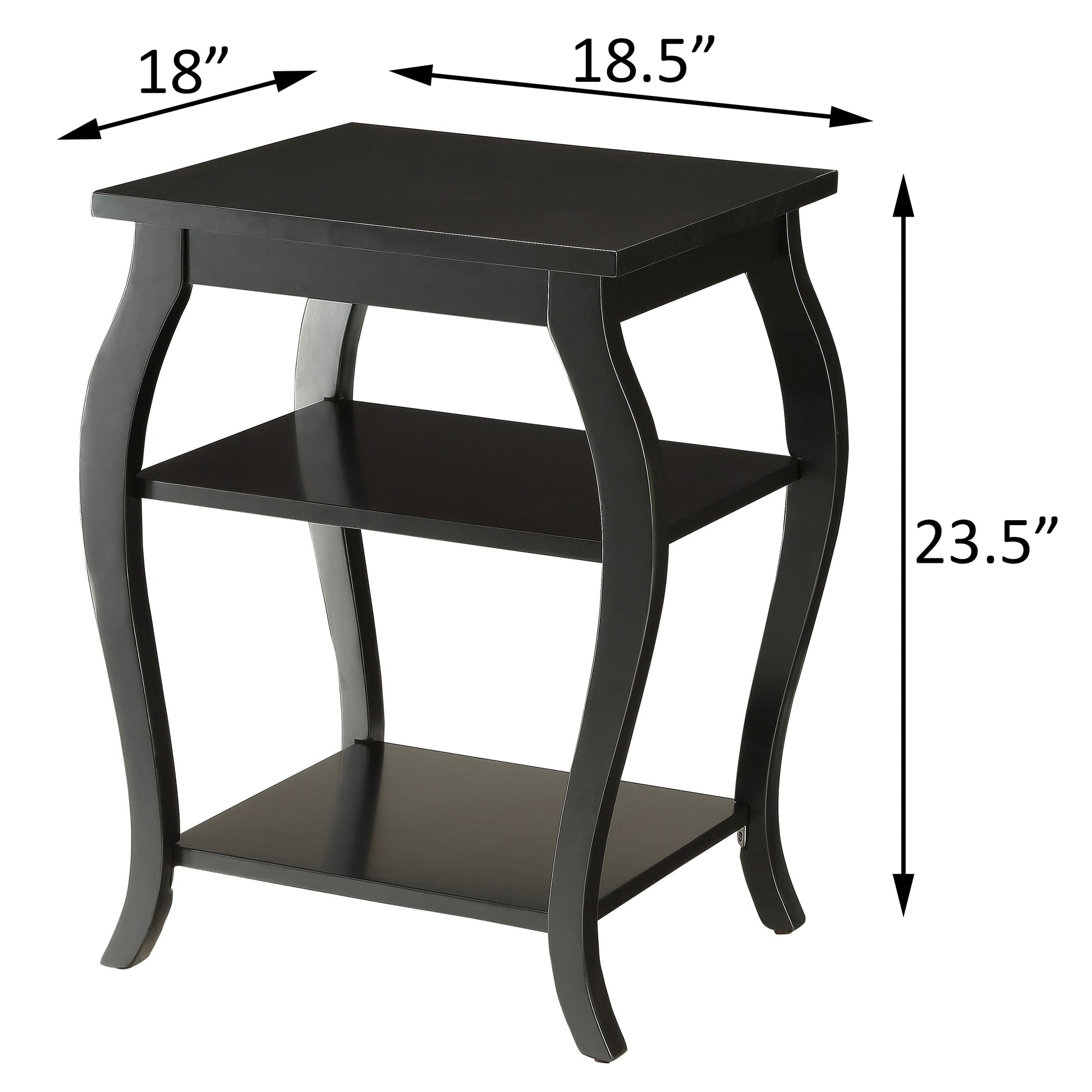 Black accent table with curved legs and two shelves  x  x  inches