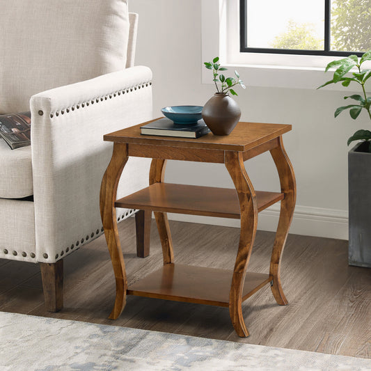 Twotier wooden end table with curved legs and a warm chestnut finish