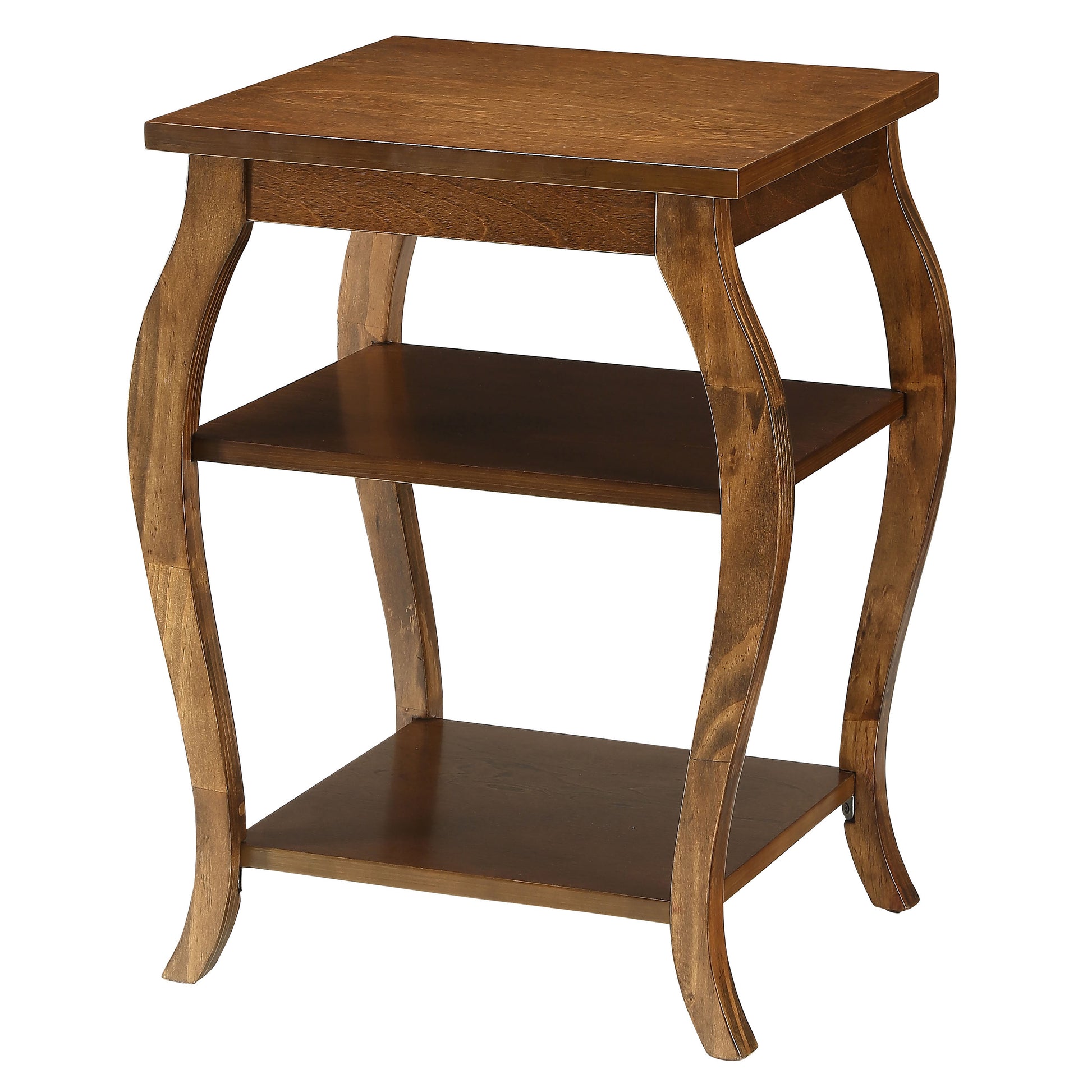Dark wood accent table with two tiered shelves and curved legs perfect for small spaces
