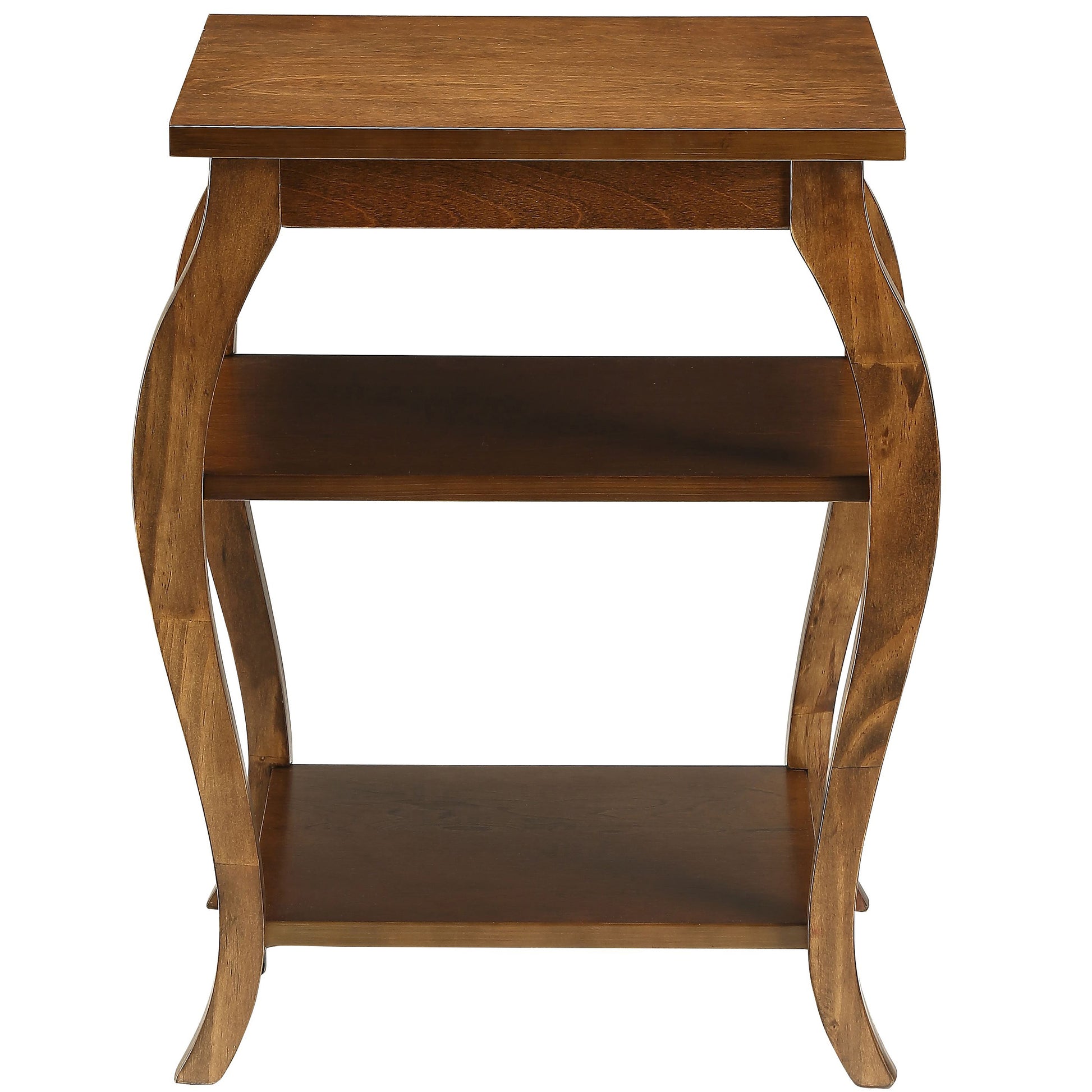 Brown wooden accent table with two shelves and curved legs