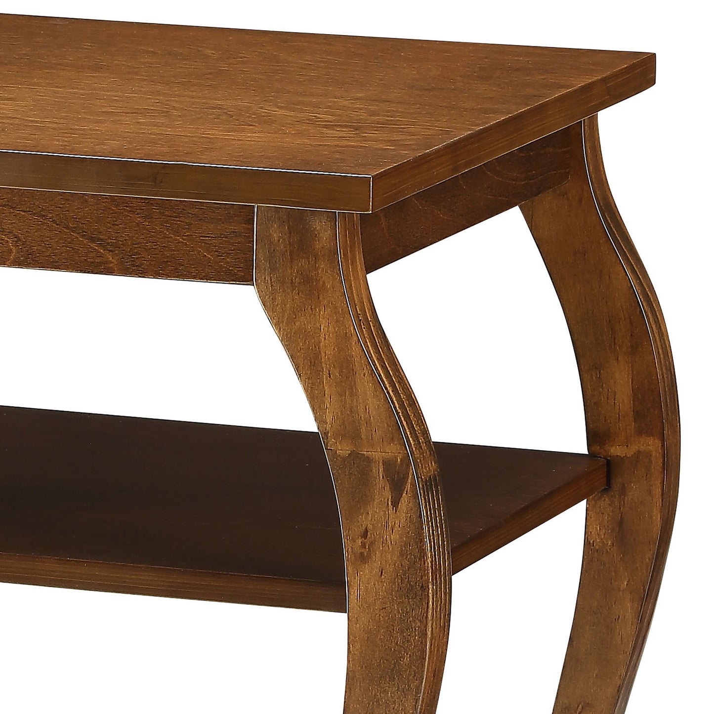 Curved leg detail of a dark oak end table with lower shelf