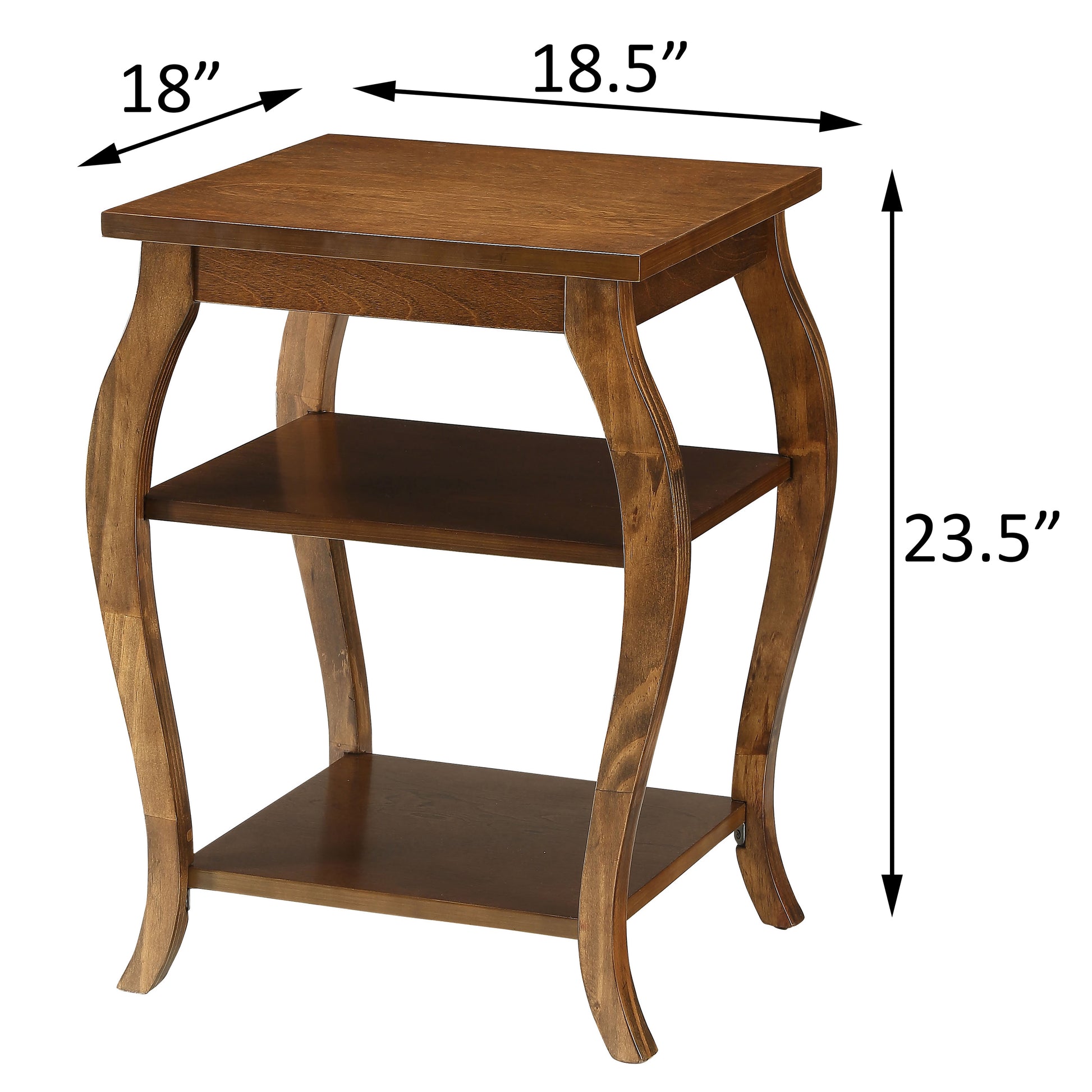 Antique brown wooden end table with two shelves and elegant curved legs ideal for living rooms