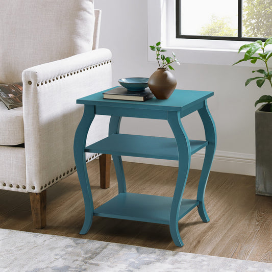 Teal wooden accent table with two shelves and curved legs ideal for living rooms
