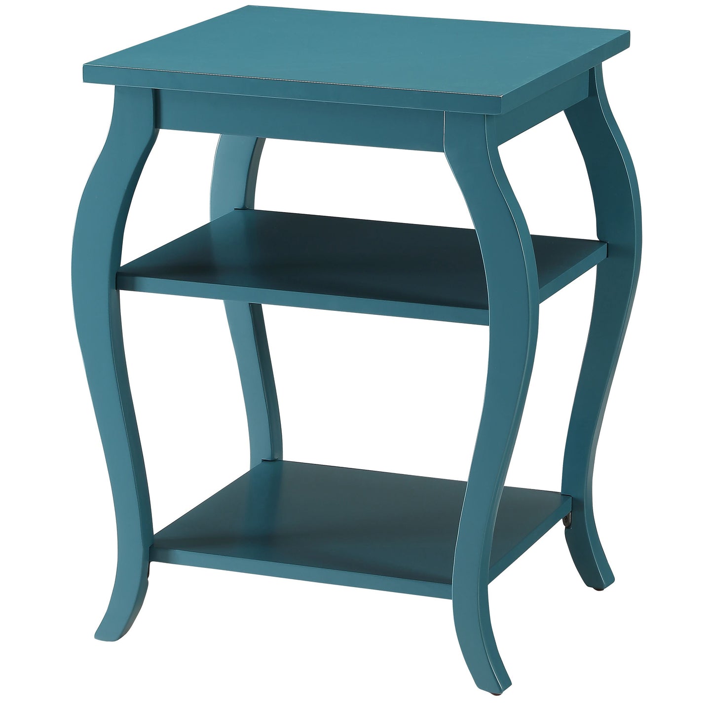 Teal wood accent table with three shelves and curved legs perfect for living rooms