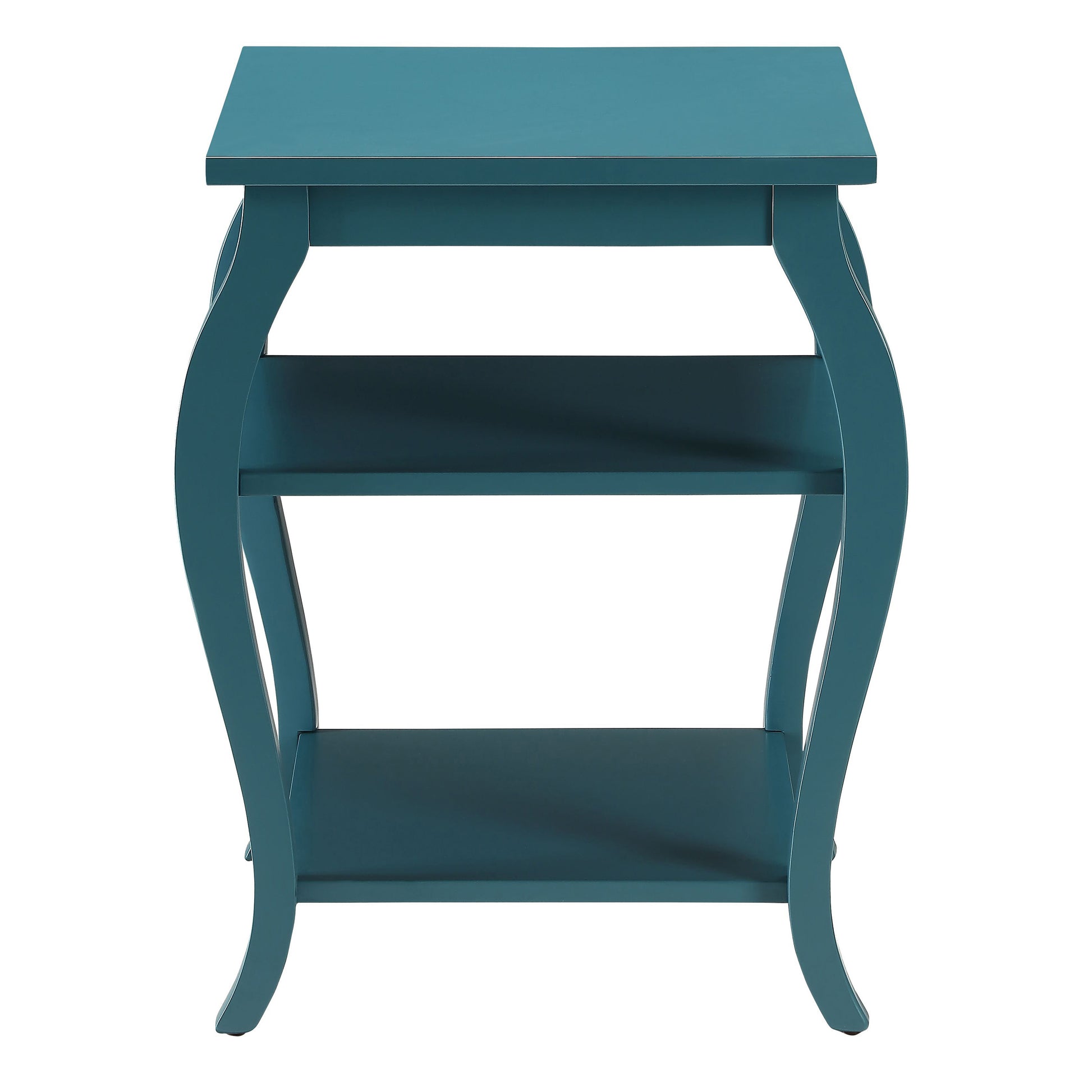 Teal twotier console table with curved legs ideal for entryway decor