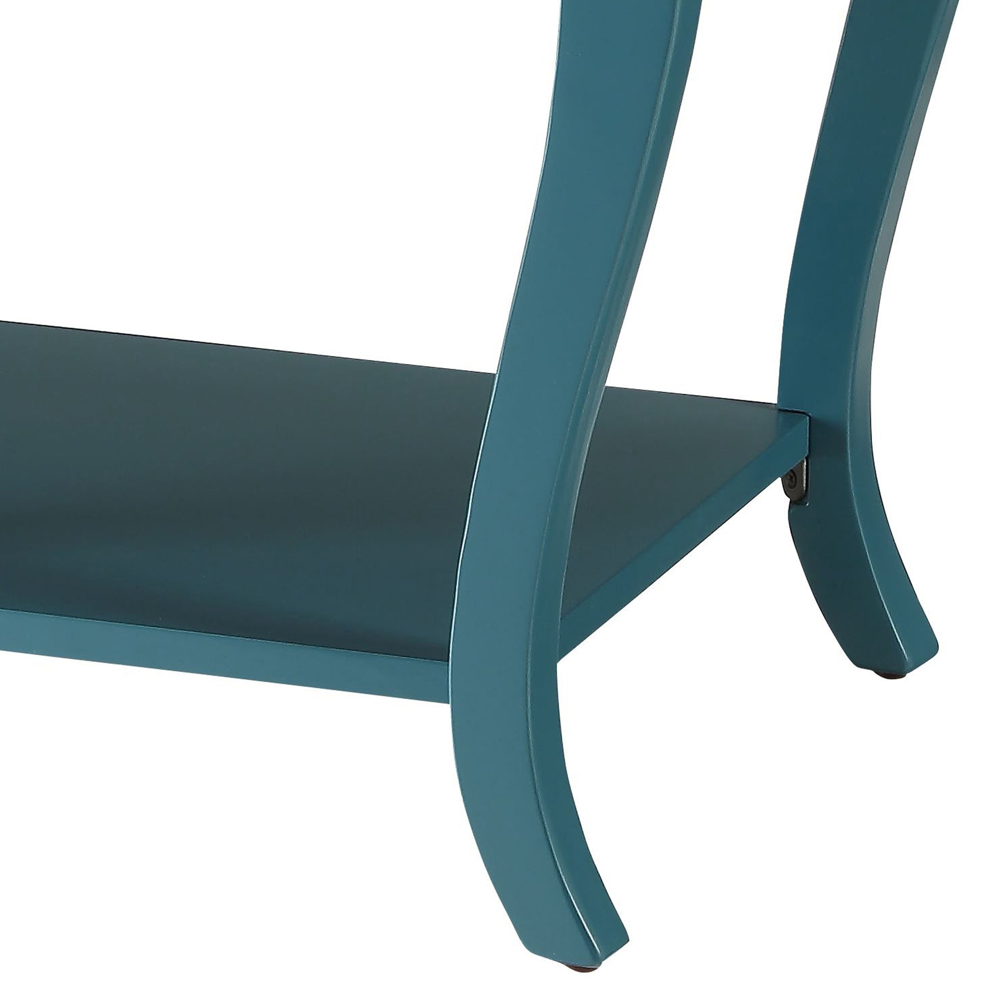 Curved teal wooden accent table legs with shelf detail