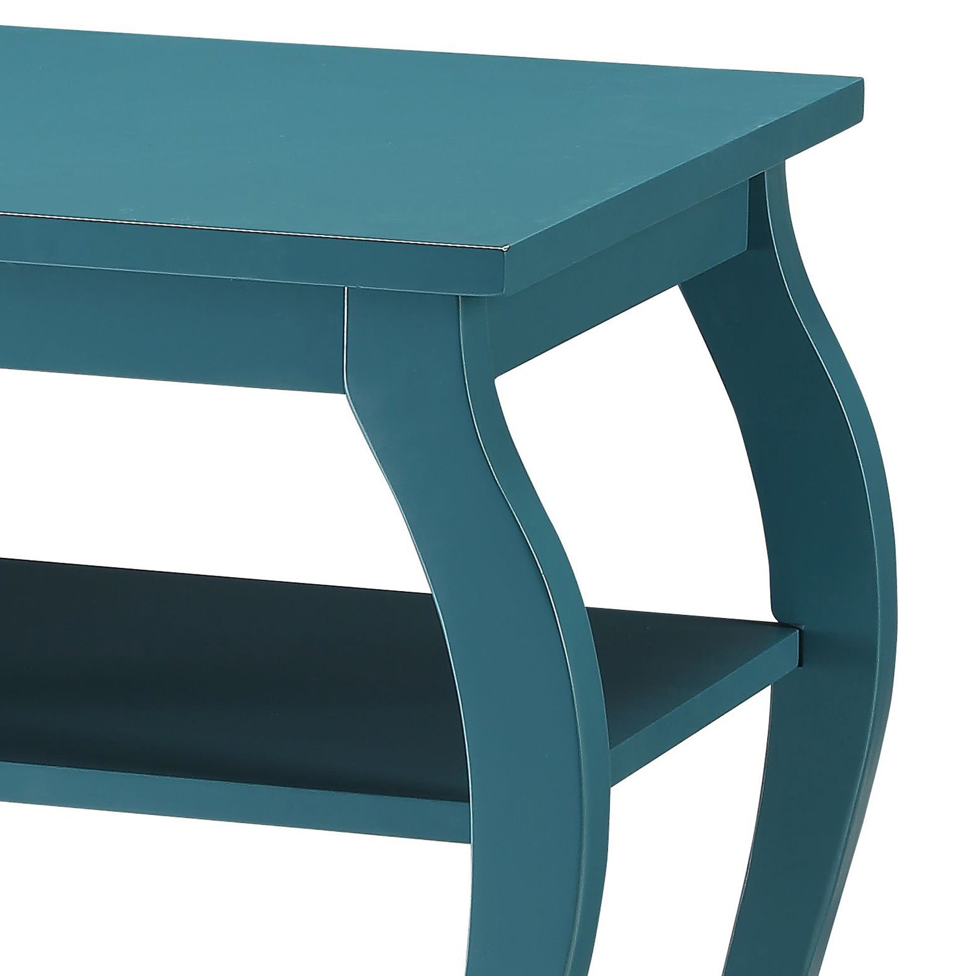 Teal console table with curved legs and a lower shelf