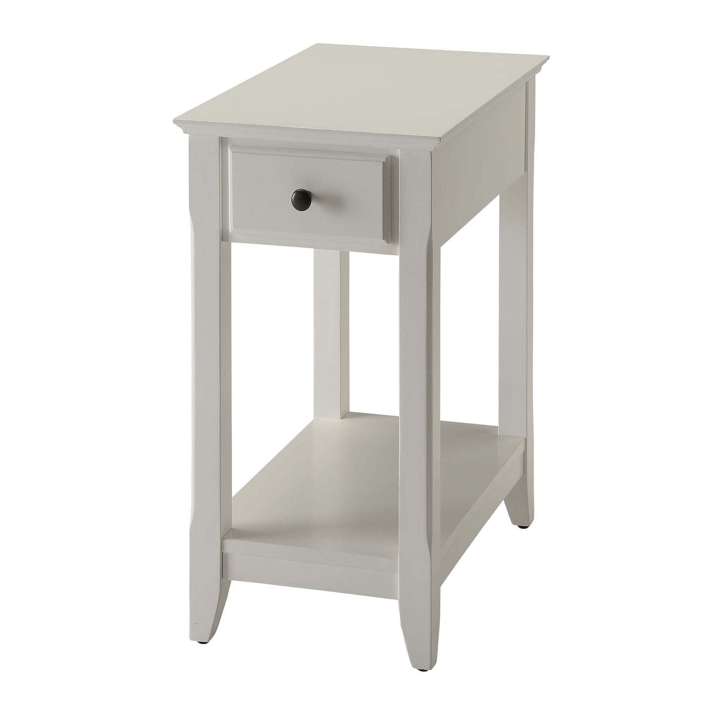 White wooden end table with drawer and lower shelf