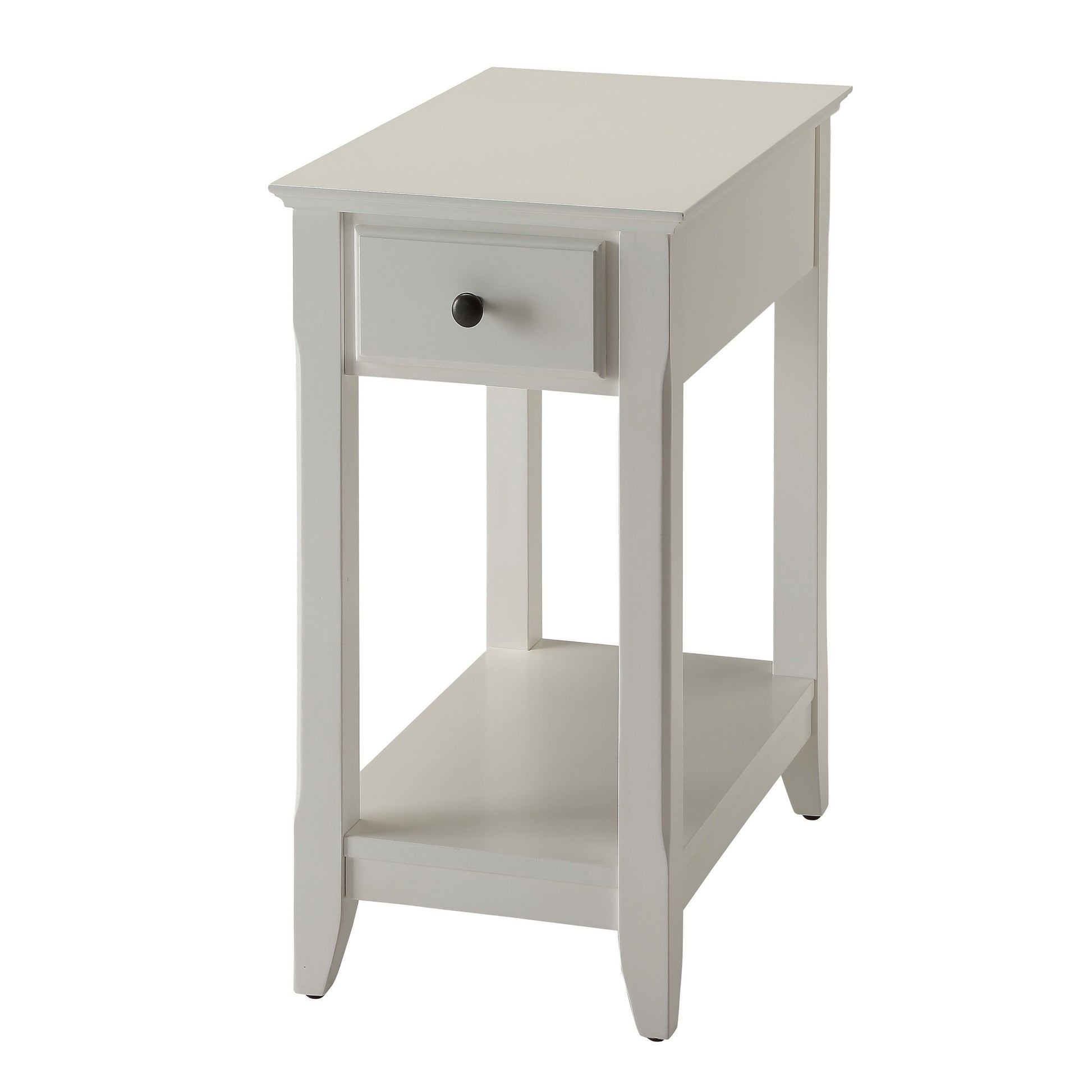White wooden end table with drawer and lower shelf