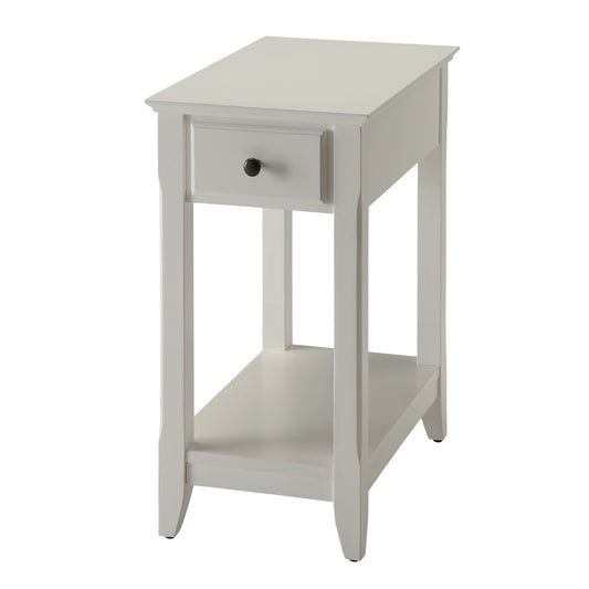 White wooden end table with drawer and lower shelf