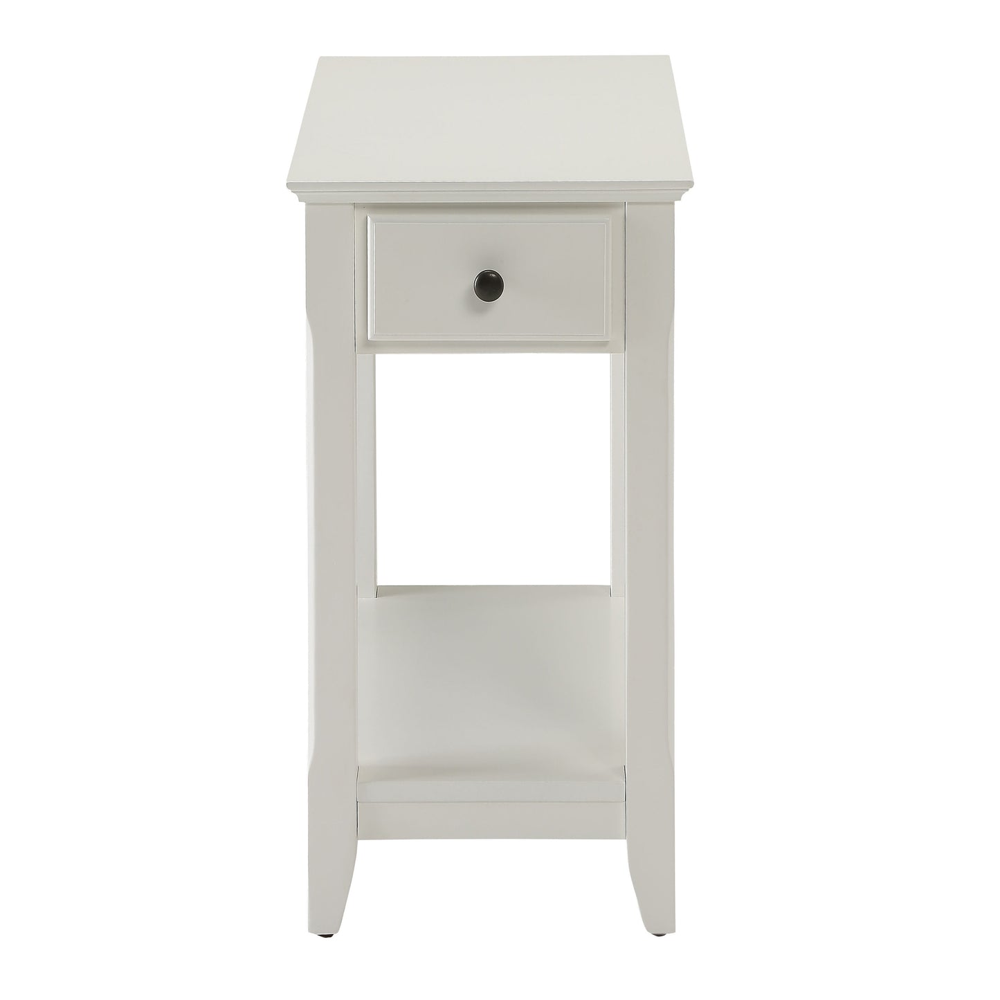 Slim white wooden accent table with single drawer and open shelf storage