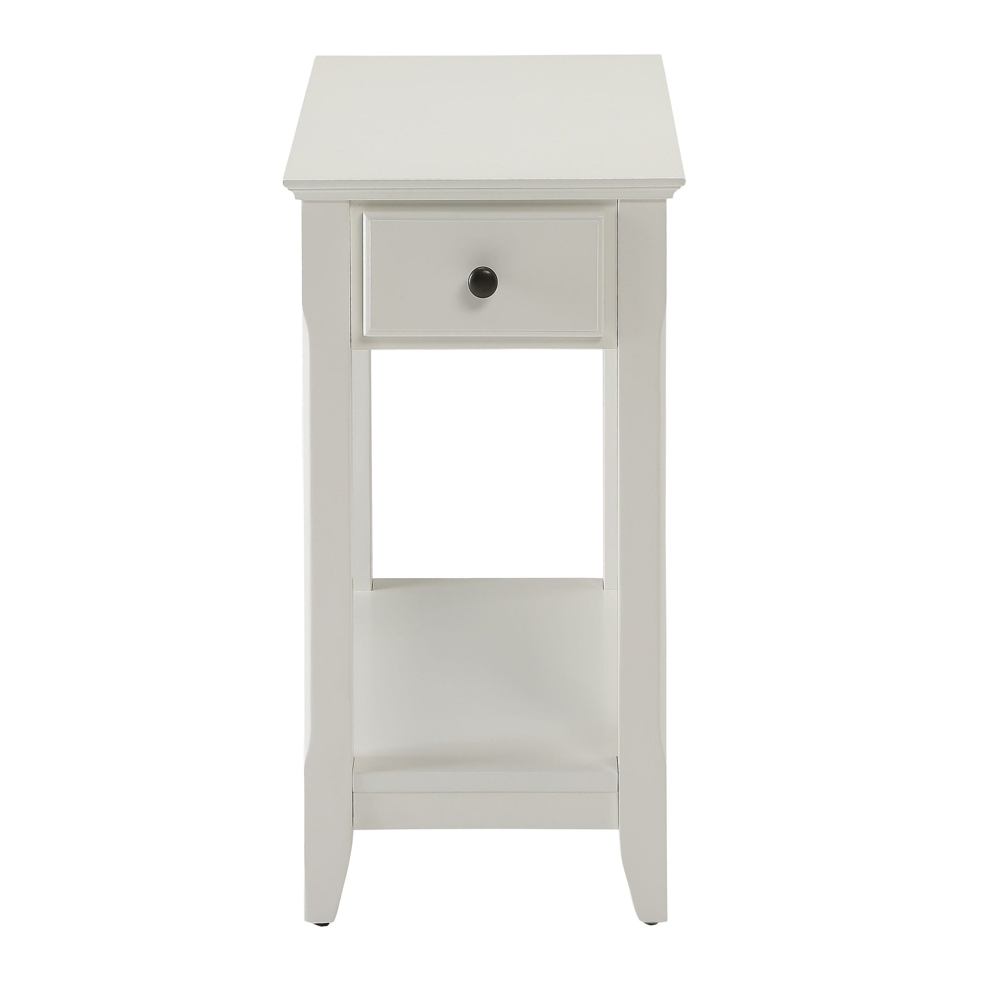 Slim white wooden accent table with single drawer and open shelf storage