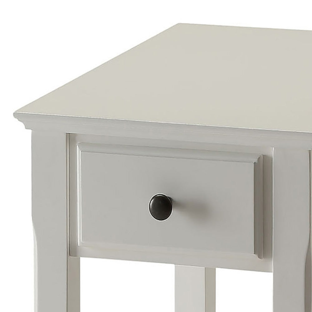 White farmhouse end table with a single drawer and black knob