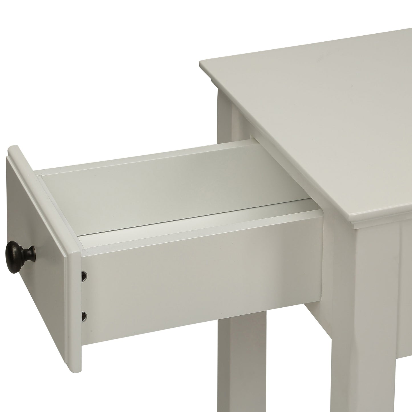 White wood console table with one drawer pulled out featuring dark knob