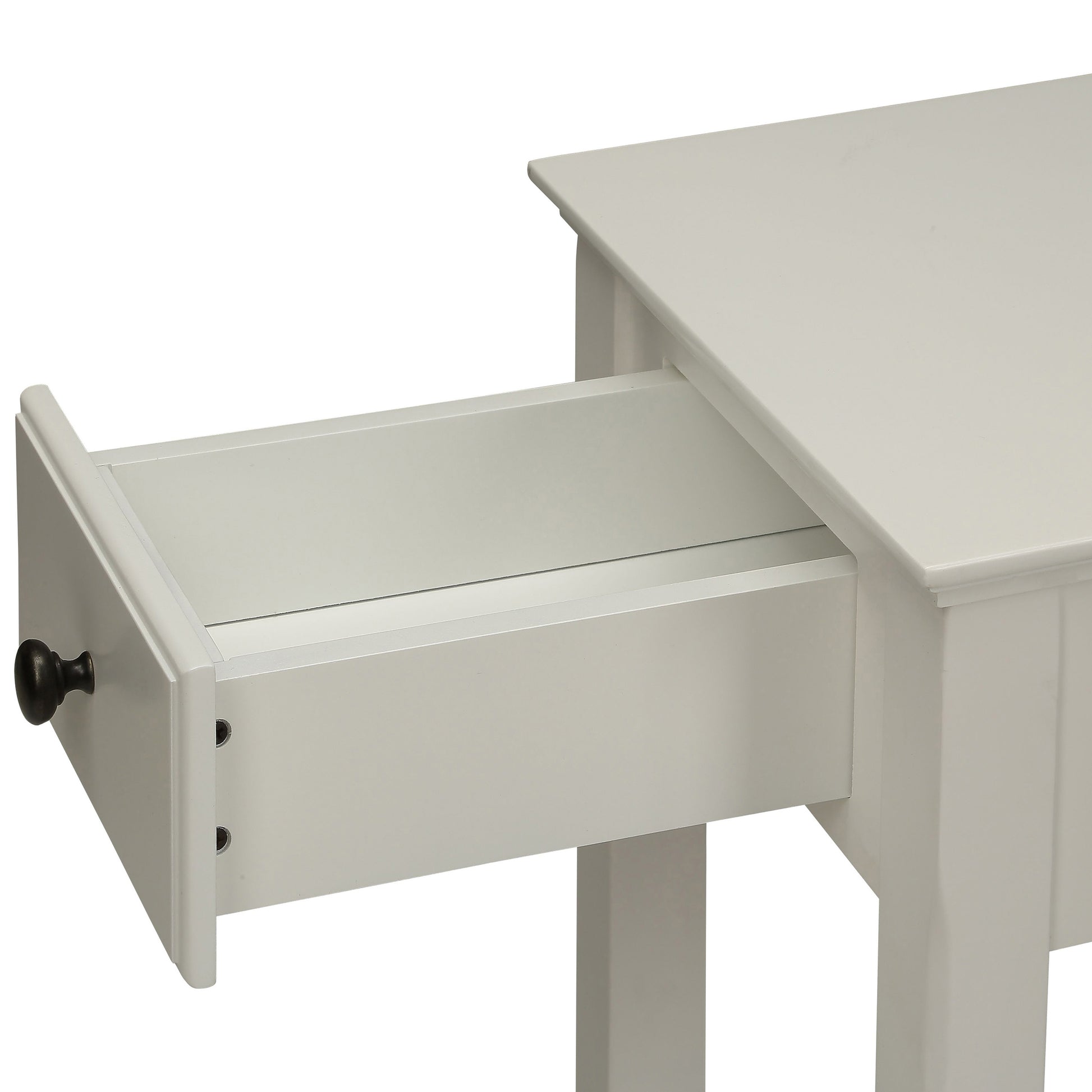 White wood console table with one drawer pulled out featuring dark knob