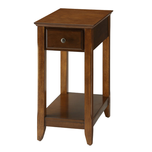Dark brown wooden Ctable with a single drawer and open lower shelf
