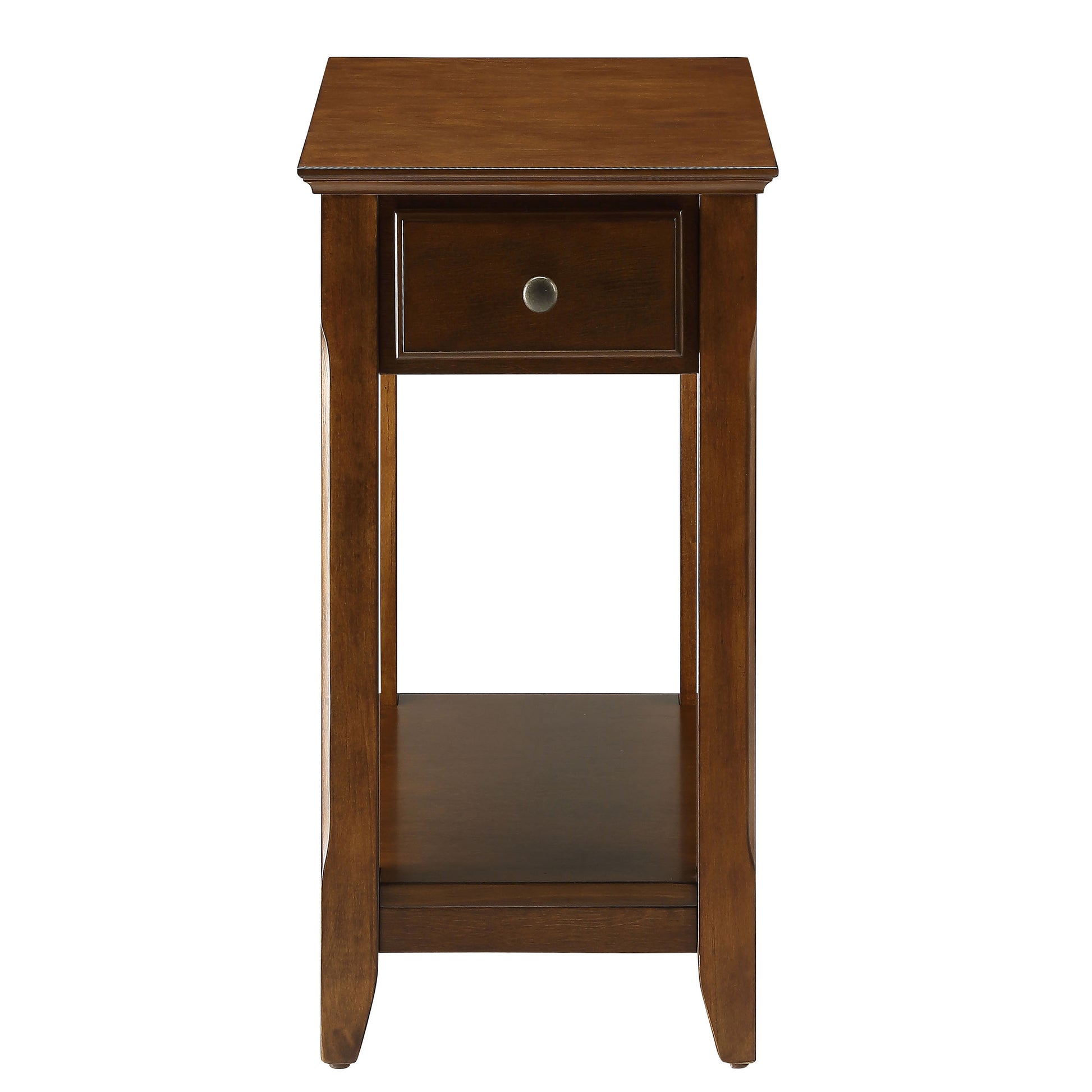 Dark brown wooden end table with single drawer and open shelf