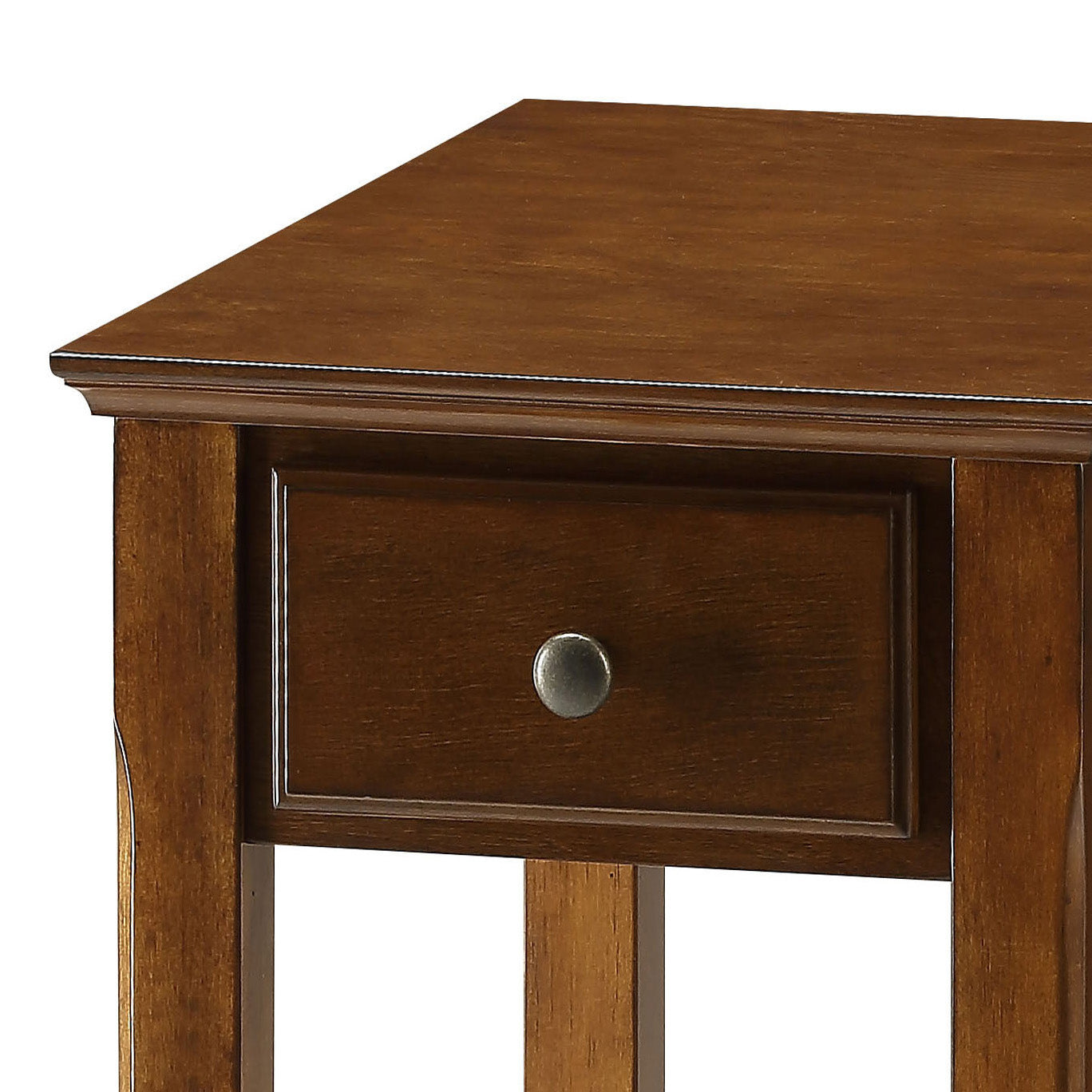 Dark wood side table with a single drawer and brushed nickel knob