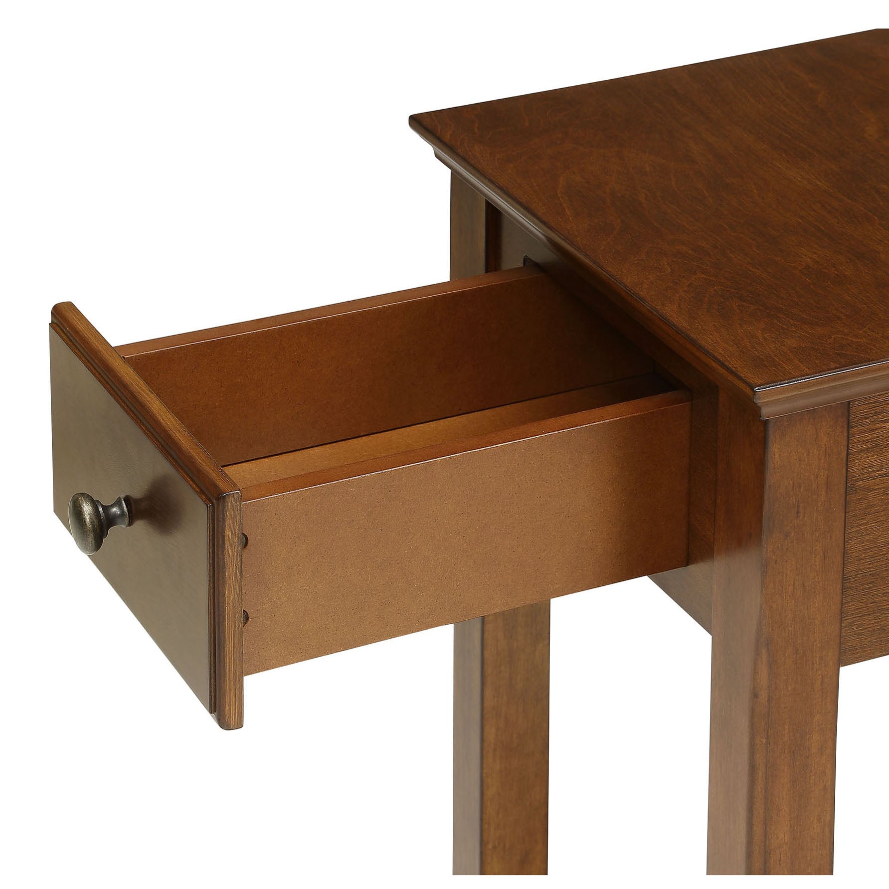 Rich brown wooden console table with an open drawer and antique brass knob