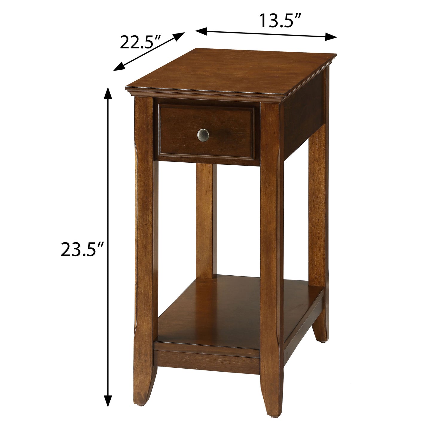 Dark brown wooden end table with one drawer and lower shelf  H x  W