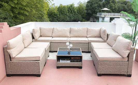 Modular outdoor wicker sectional sofa set in beige with plush cushions for patio seating
