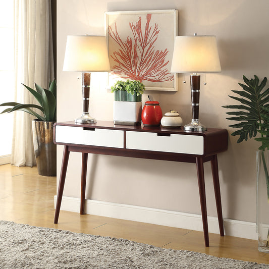 Midcentury modern console table with dark wood finish and two white drawers for stylish entryway storage