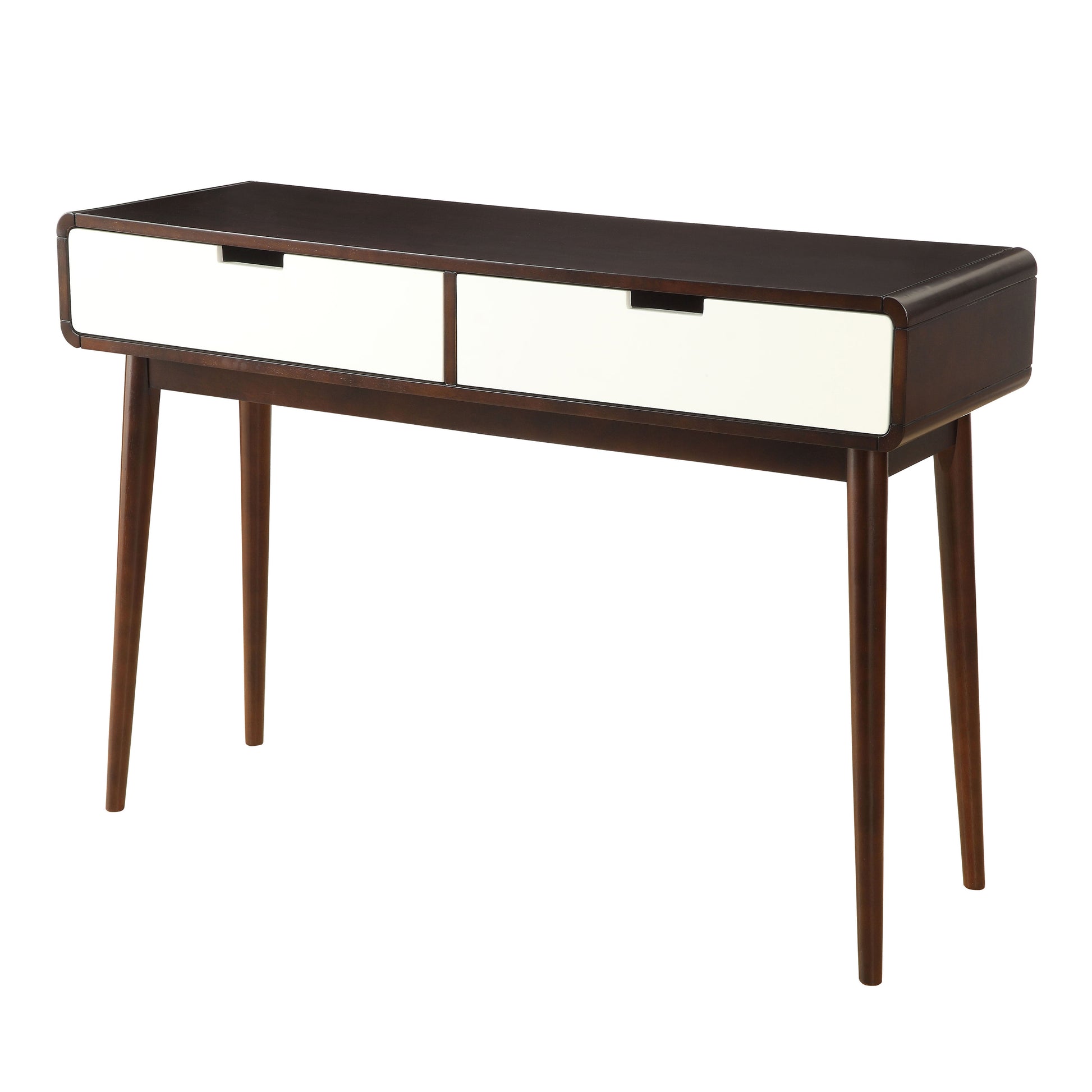 Midcentury modern dark wood console table with two white drawers and tapered legs