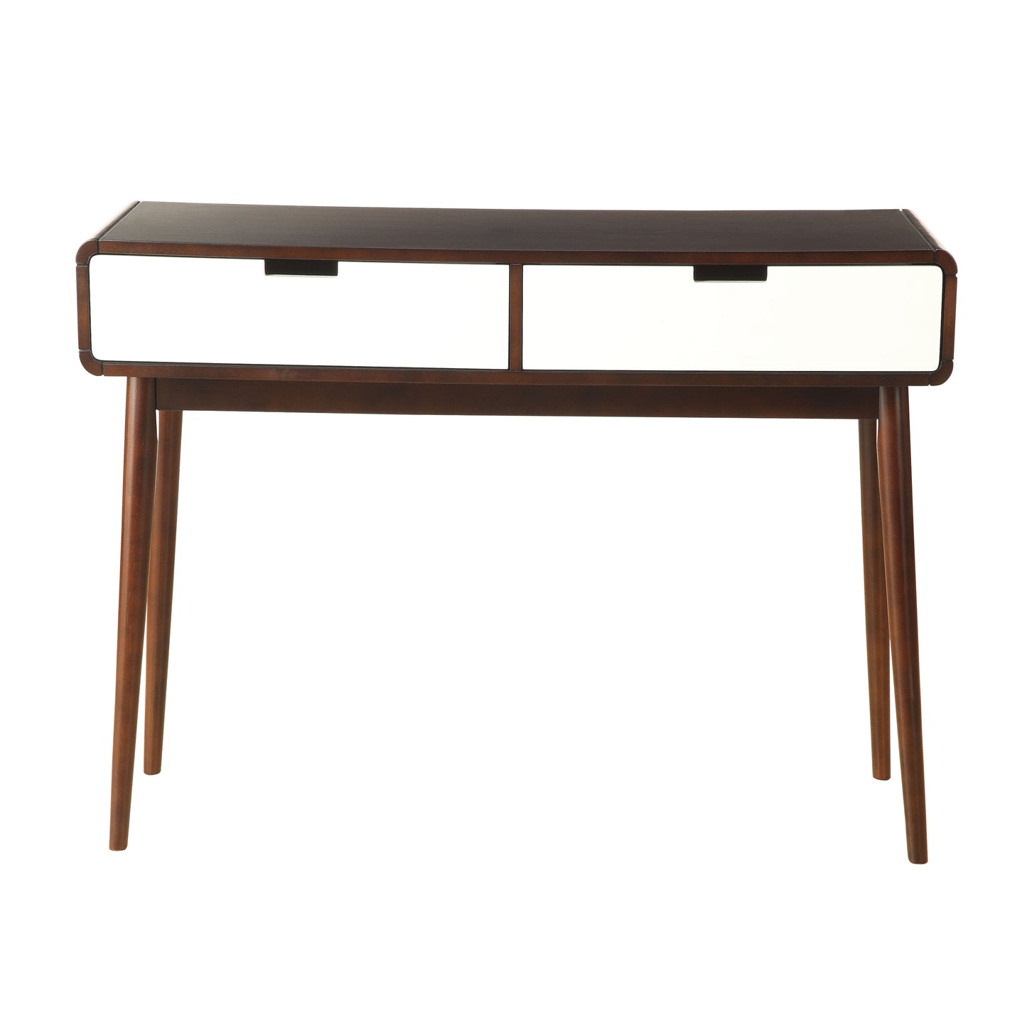 Midcentury modern entryway console table with two white drawers and tapered legs