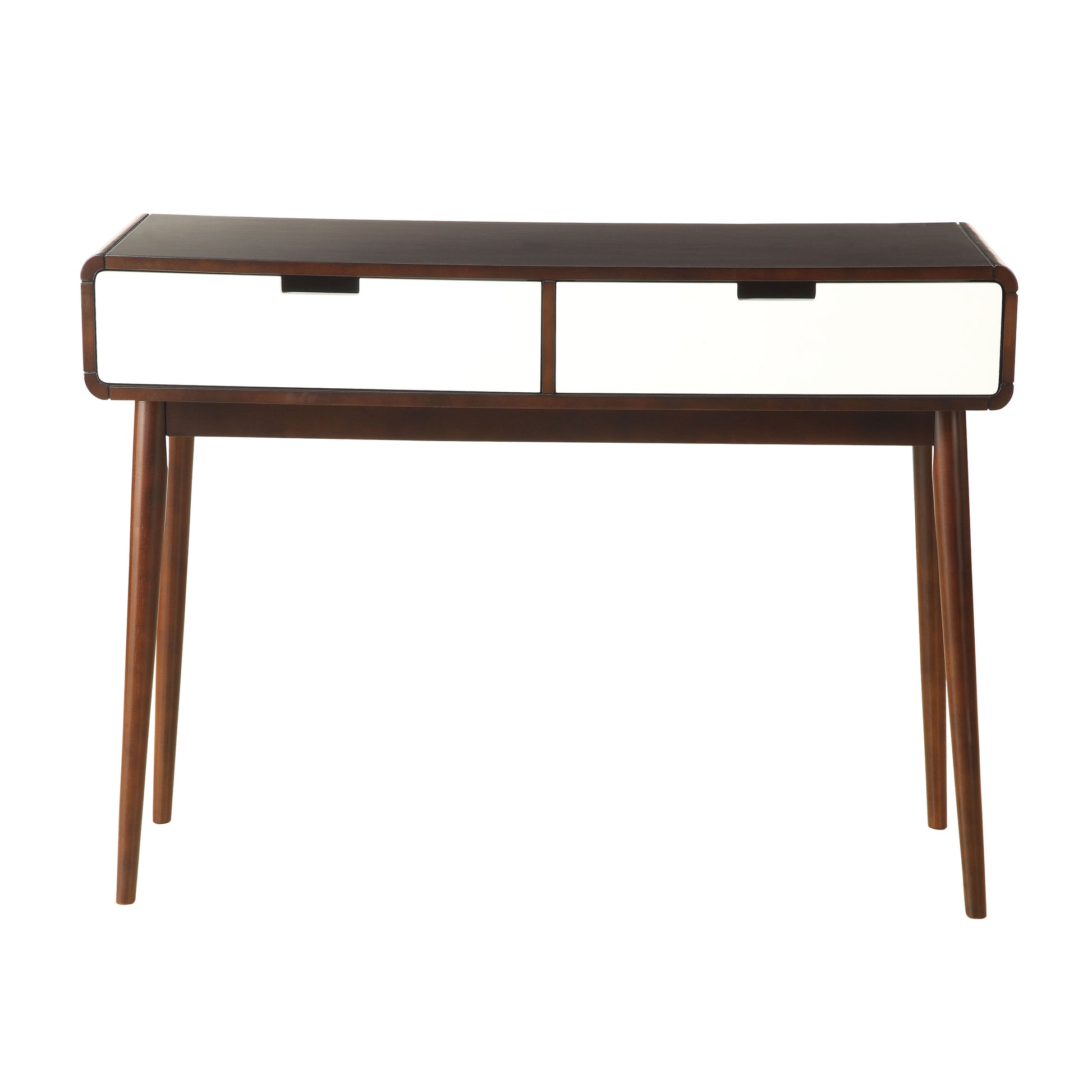 Midcentury modern entryway console table with two white drawers and tapered legs